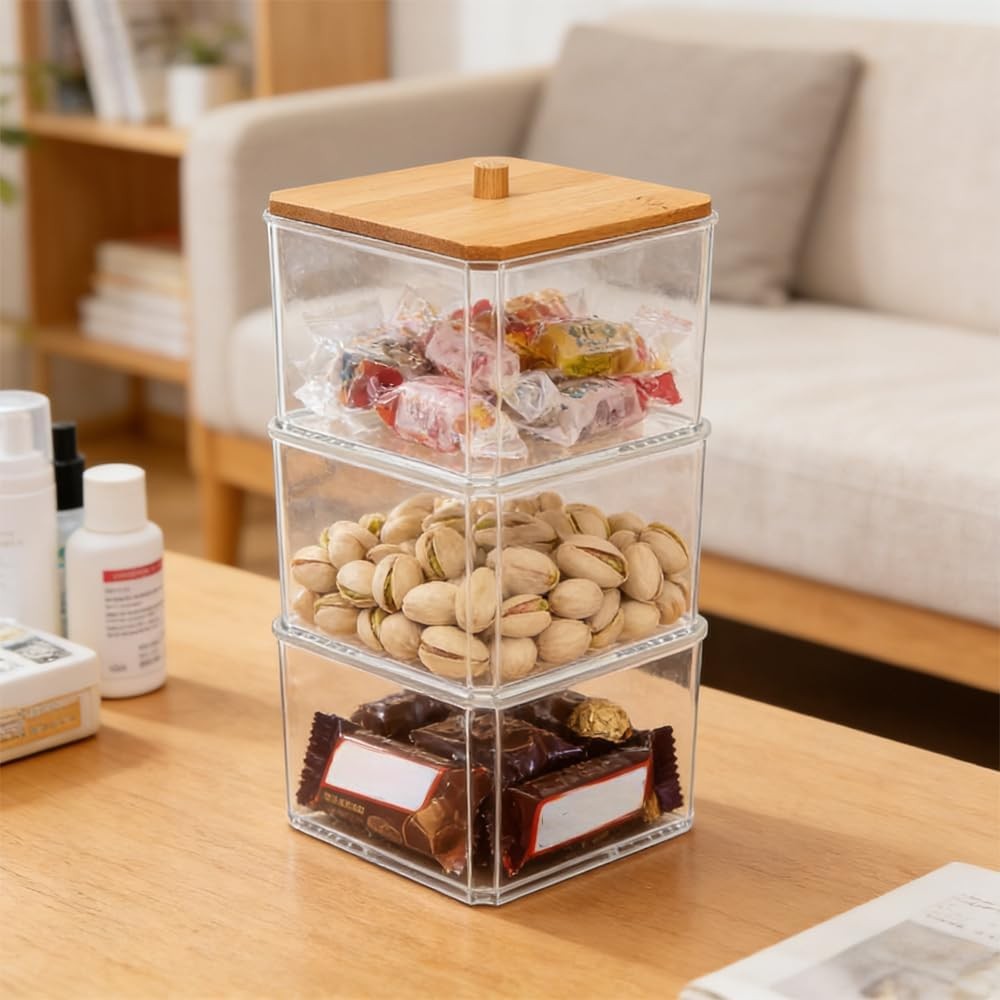 Clear Paper Clip Organizer with Bamboo Lid 3 Layer Desk Storage Holder