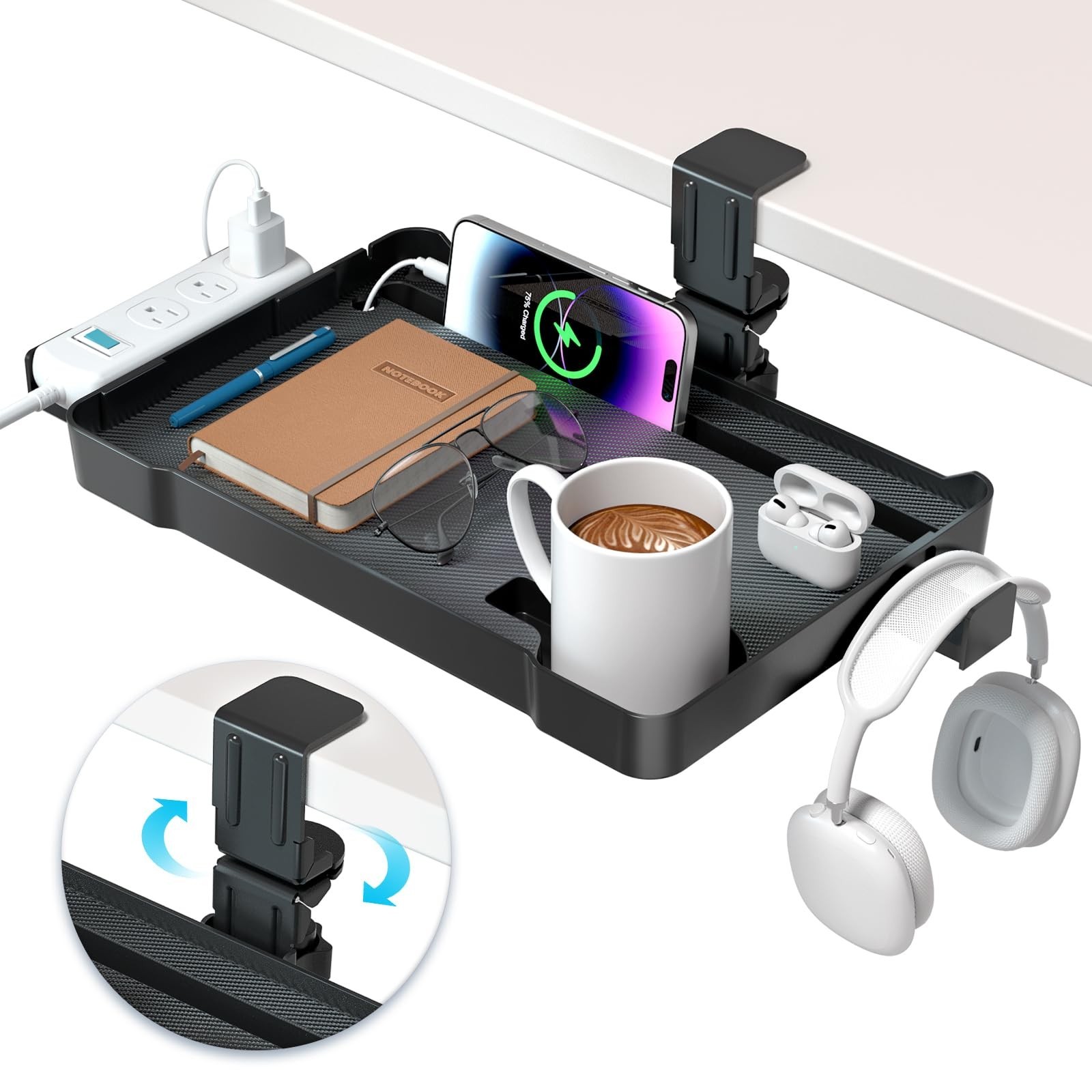 360° Rotating Under Desk Organizer with Headphone Hook, Phone Holder & Cup Holde