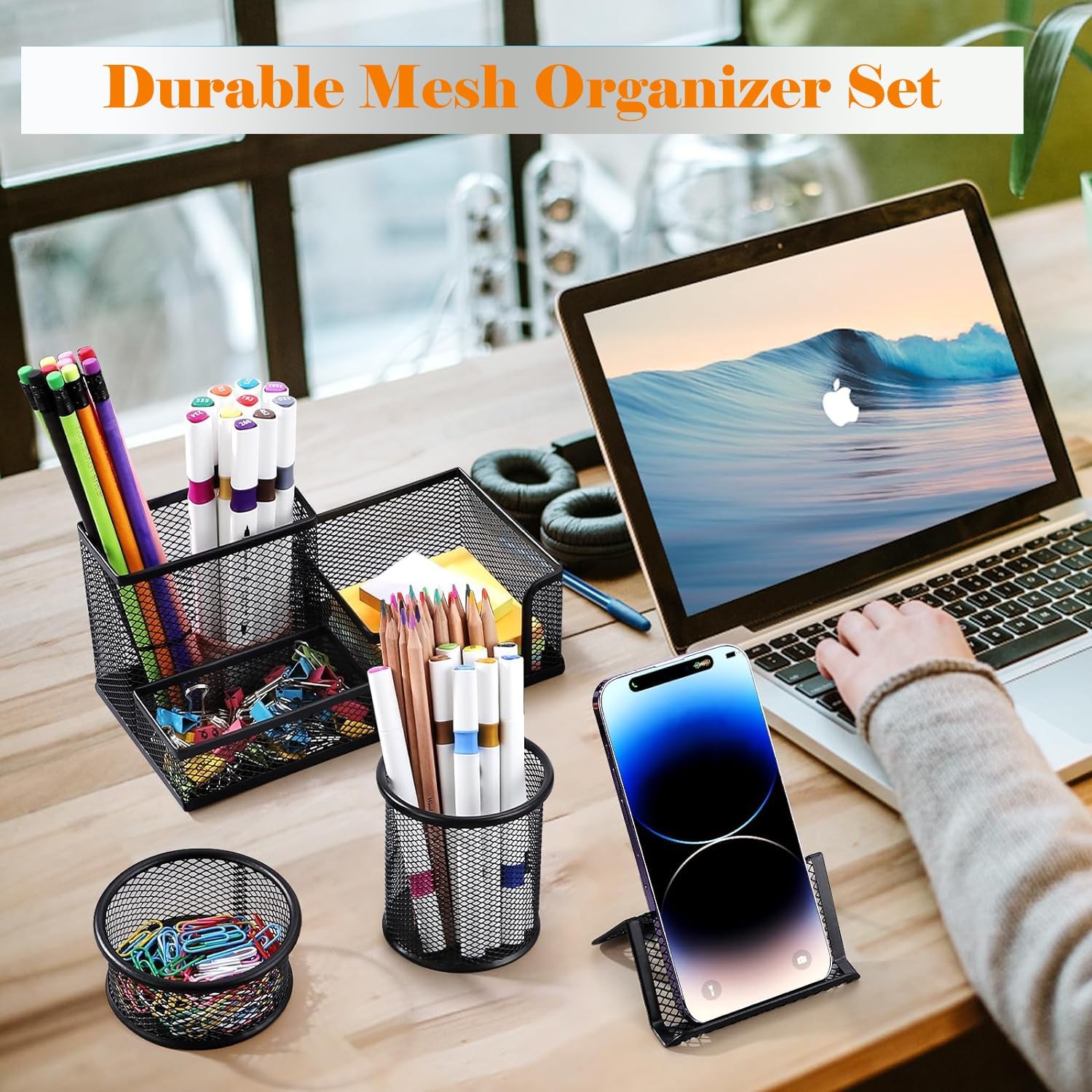 Moonlik Desk Organizers and Accessories Set, Mesh Pen Rectangle, Black