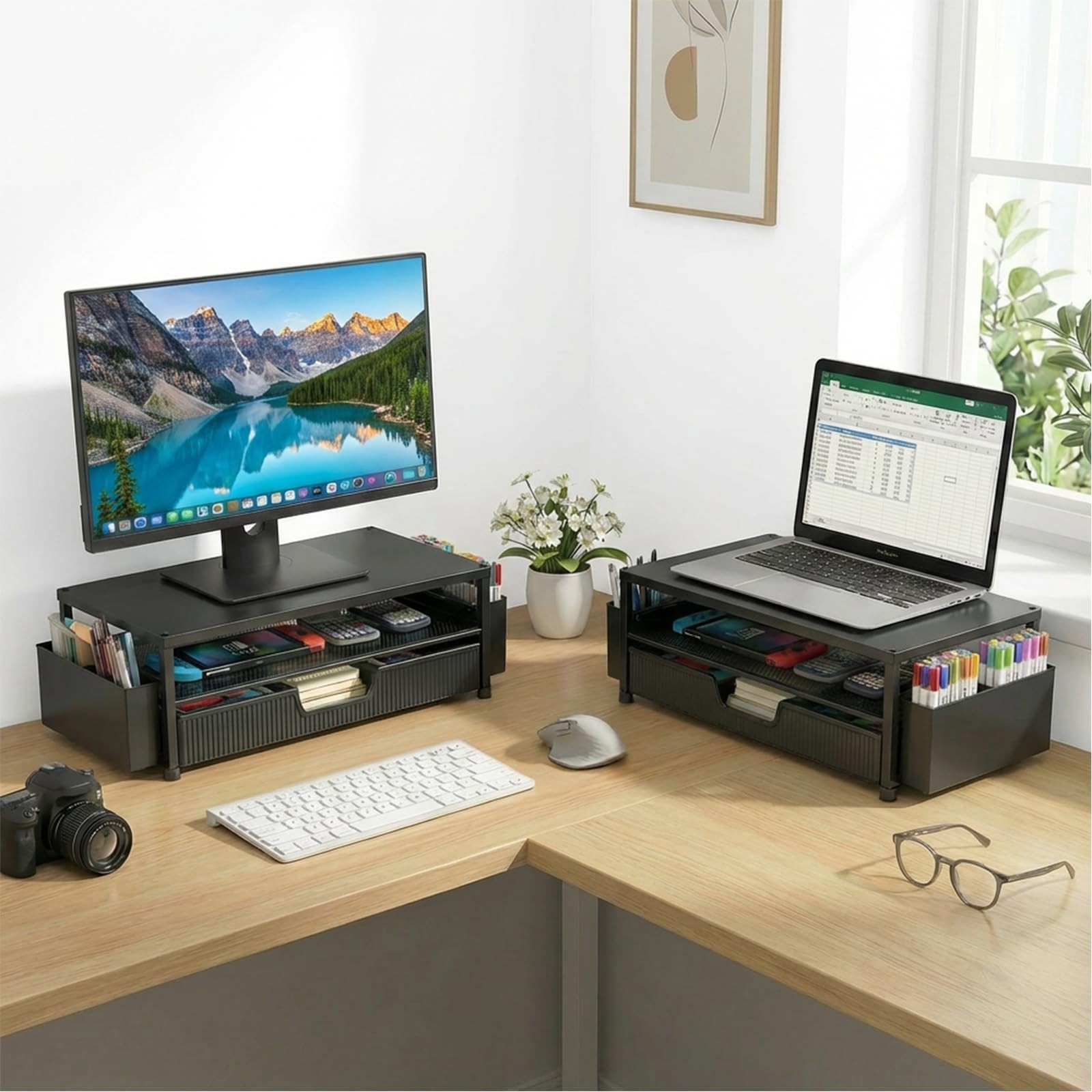 2-Tier Desk Organizer & Monitor Stand with Storage Drawer, Pen Holders – Black