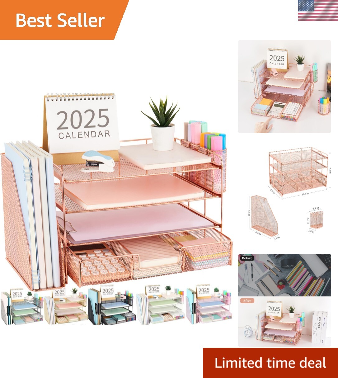 Sleek 4-Tier Metal Letter Tray Organizer with Drawer – Modern Rose Gold Style