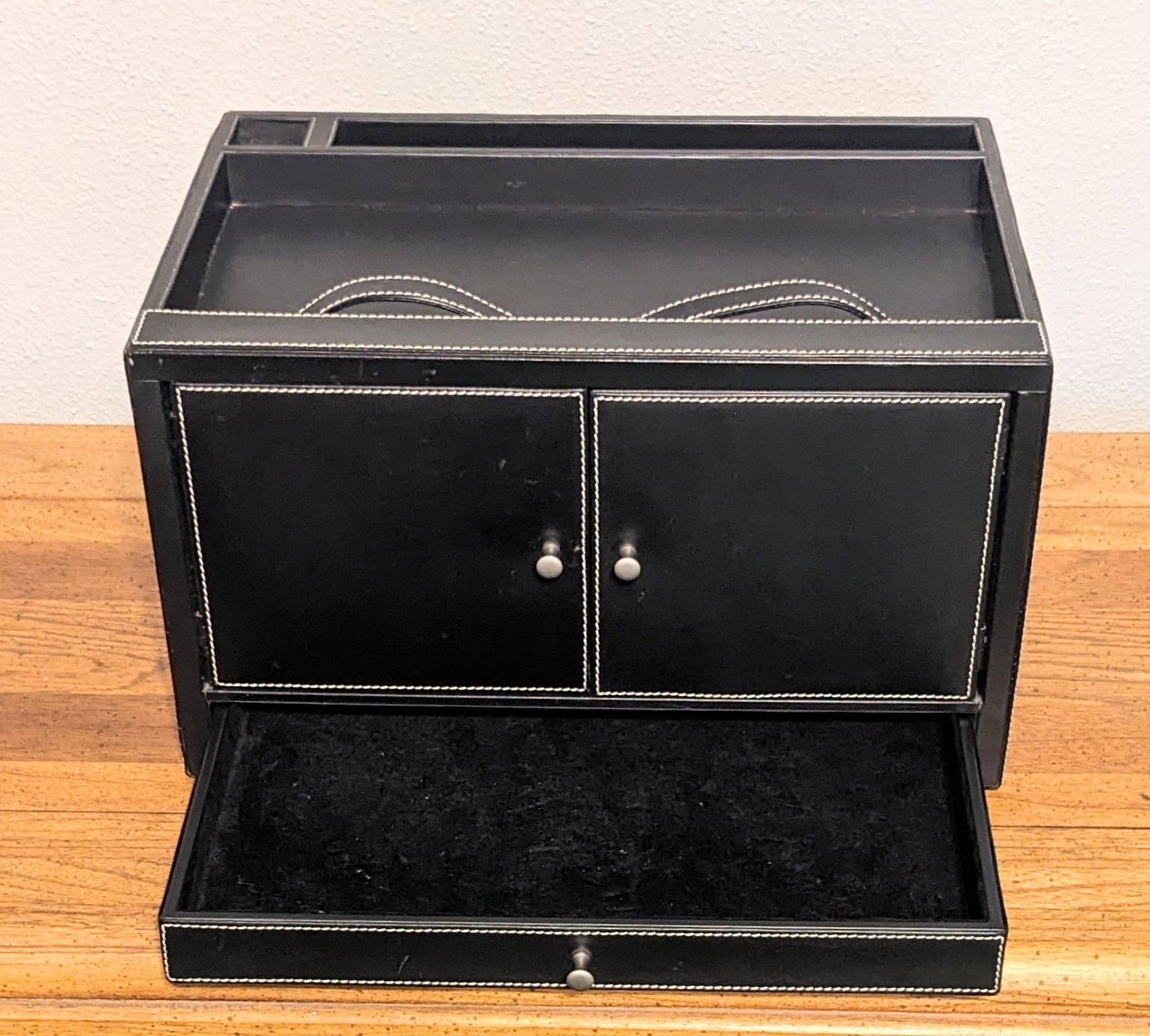 Levenger Leather Desk Organizer Valet Black Double Door Storage Tray Drawer