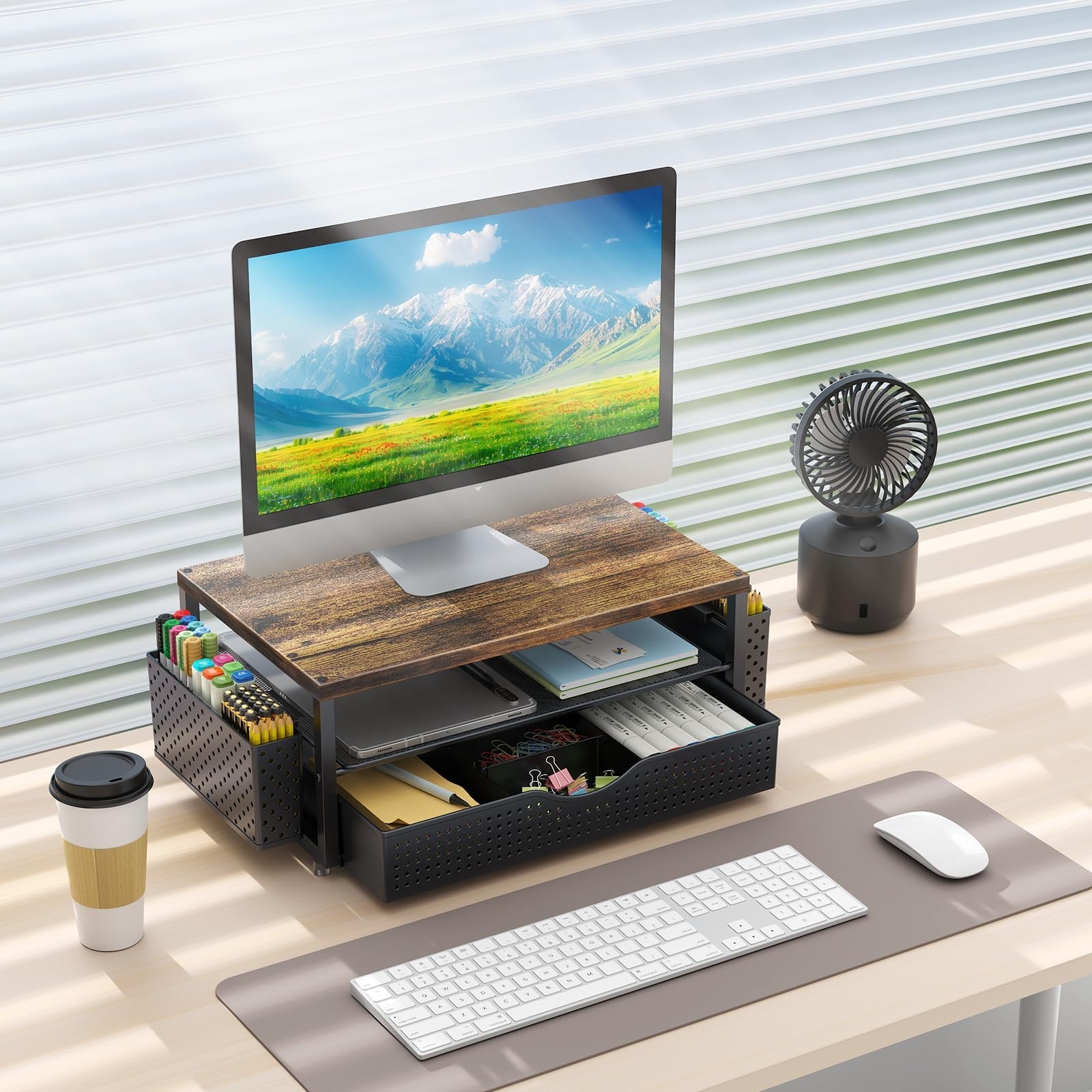 Wooden Desk Organizer with Drawer & 2 Pen Holders – Monitor Stand for Office & D