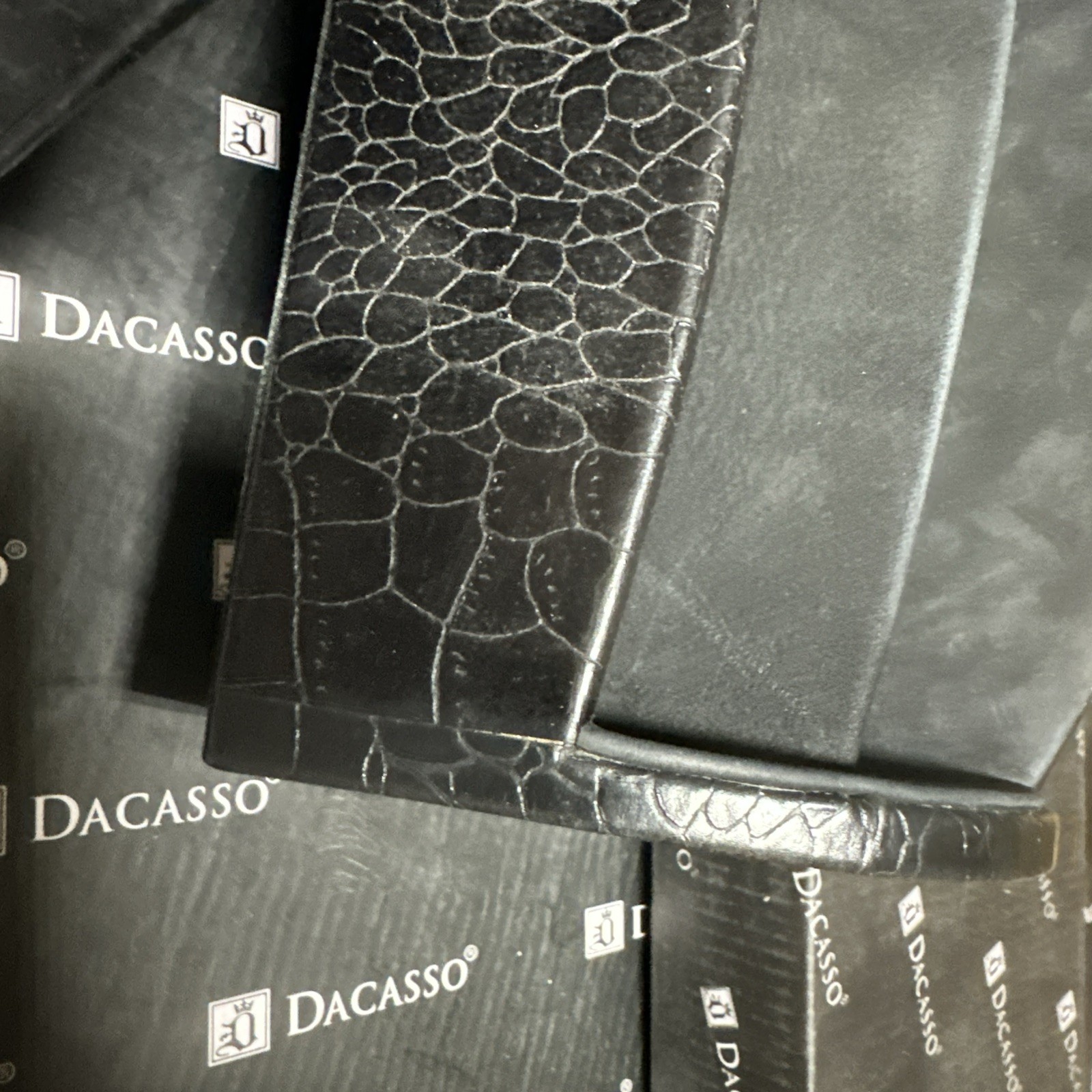 DACASSO Black Embossed Crocodile Leather 7 Piece Desk Set w Pad 34”x20”