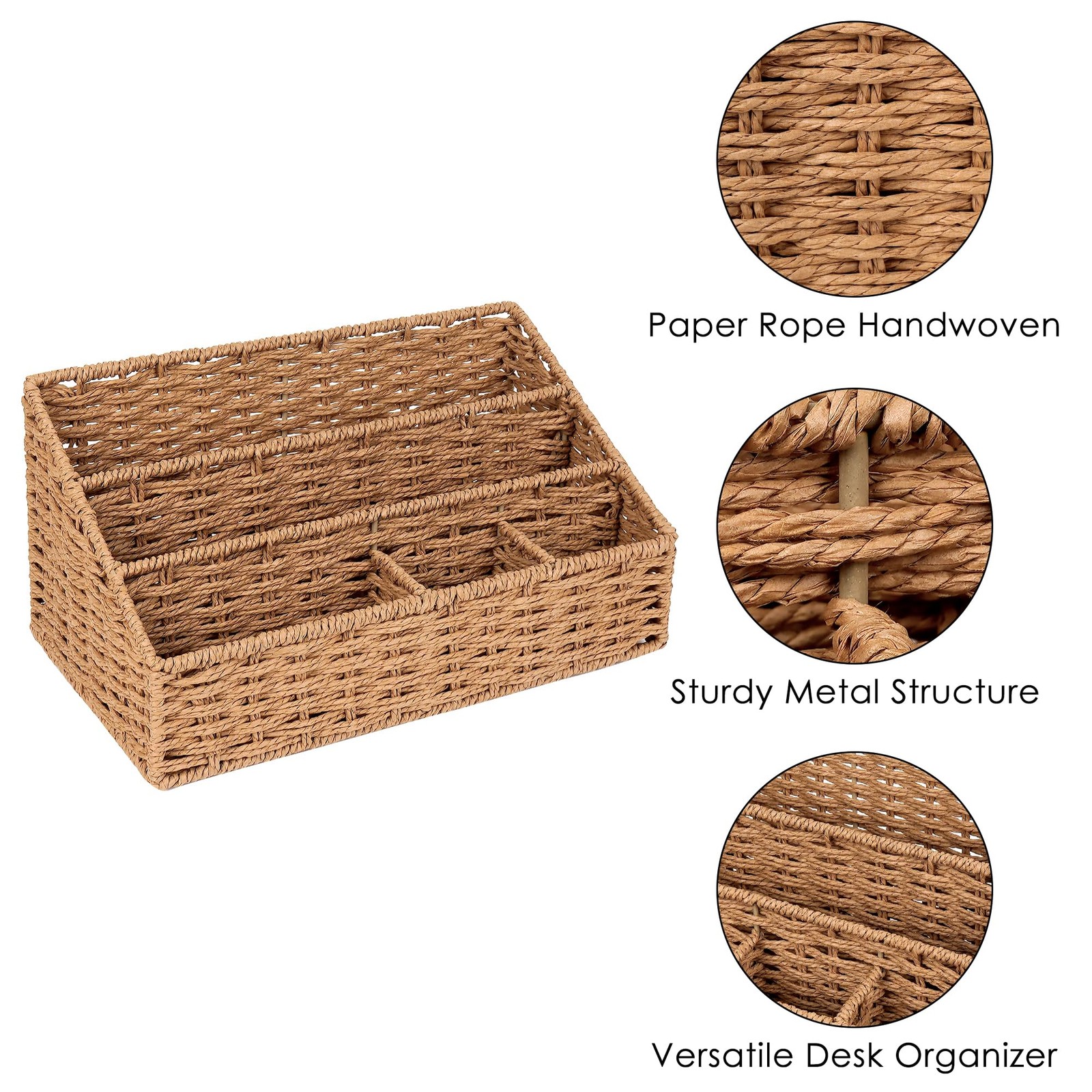 Woven Desk Organizer Basket with 5 Compartments, Rustic Paper Rope Mail Holde…