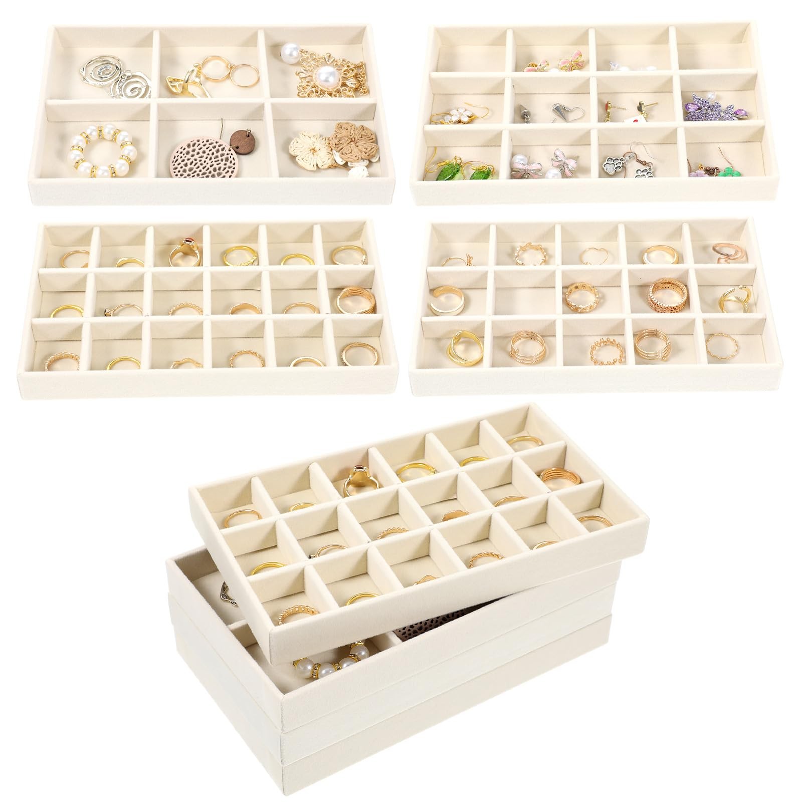 12 Pcs Velvet Jewelry Organizer Trays Set, 4 Styles Stackable Drawer Beige