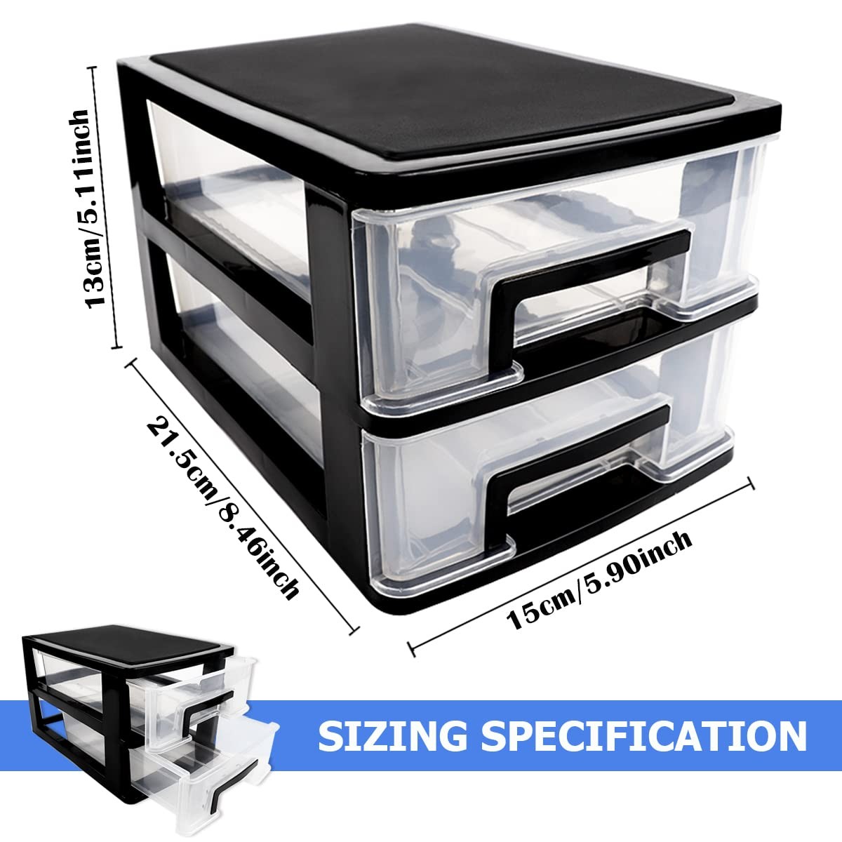 2 Tier Plastic Drawer Organizer Storage Box for Desk, Size 1, black