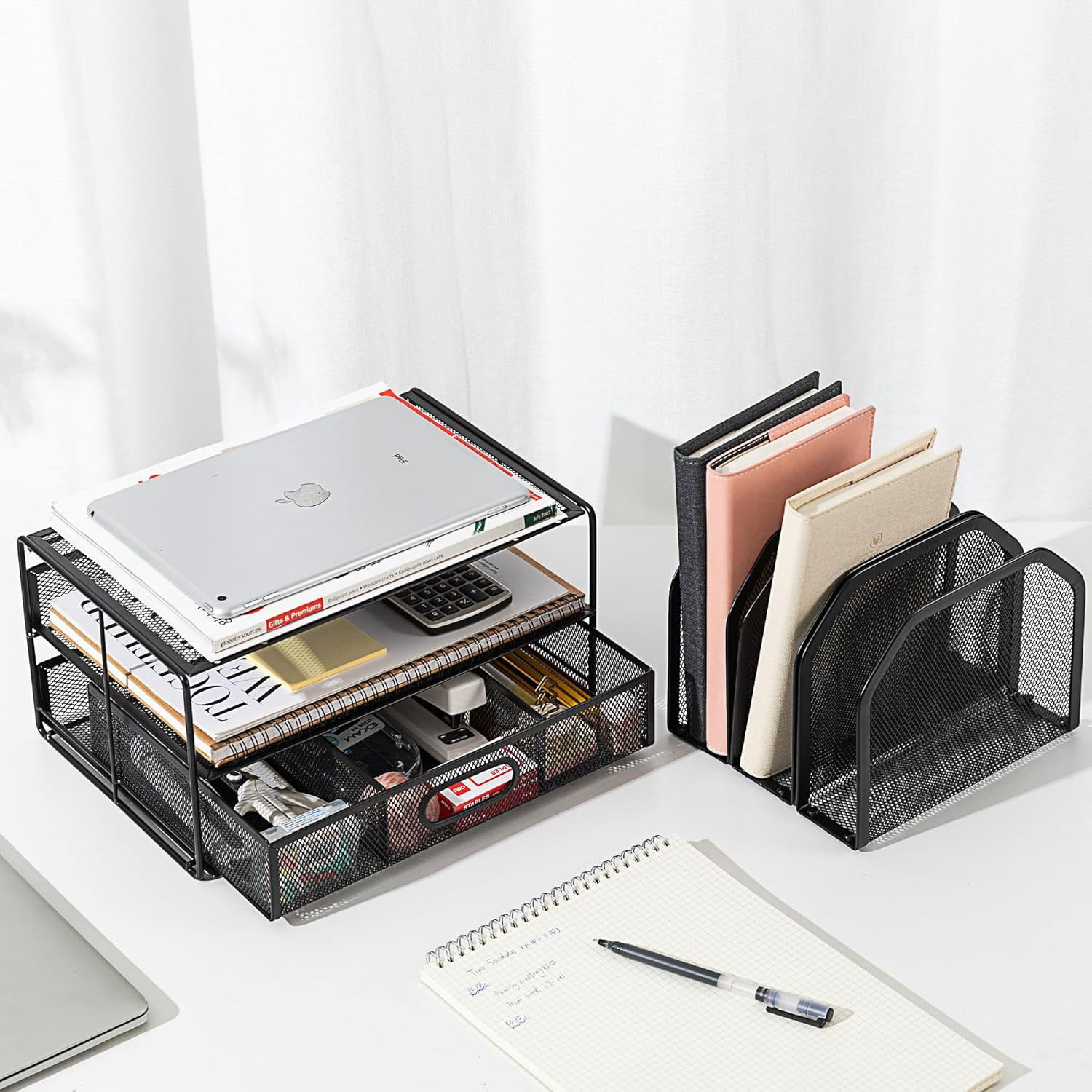 Mesh Desk Organizer with Sliding Drawer, Double Tray