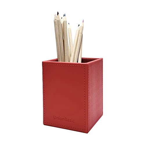 Square Pen Holder, Leather Pencil Cup, Desktop Caddy Stationery Organizer Red
