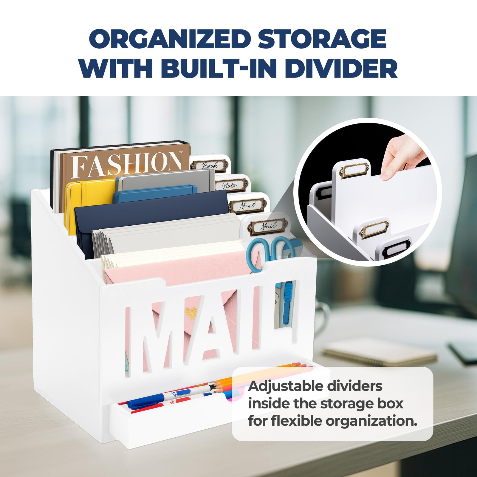 Mail Organizer Countertop, Desktop Sorter with Drawer & Large, White