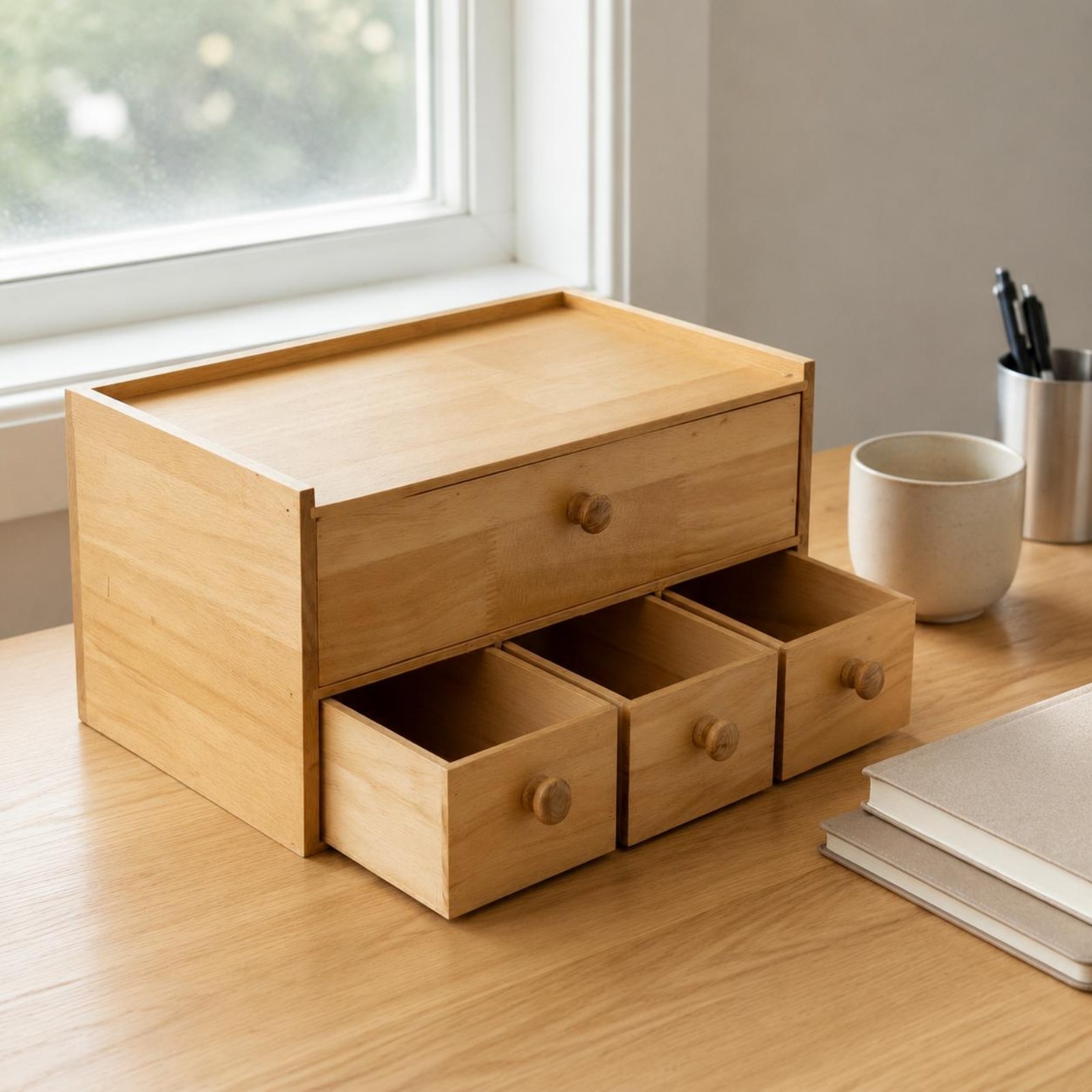 Wooden Desktop Storage Box Sturdy 4 Drawer Storage Box No Assembly Required