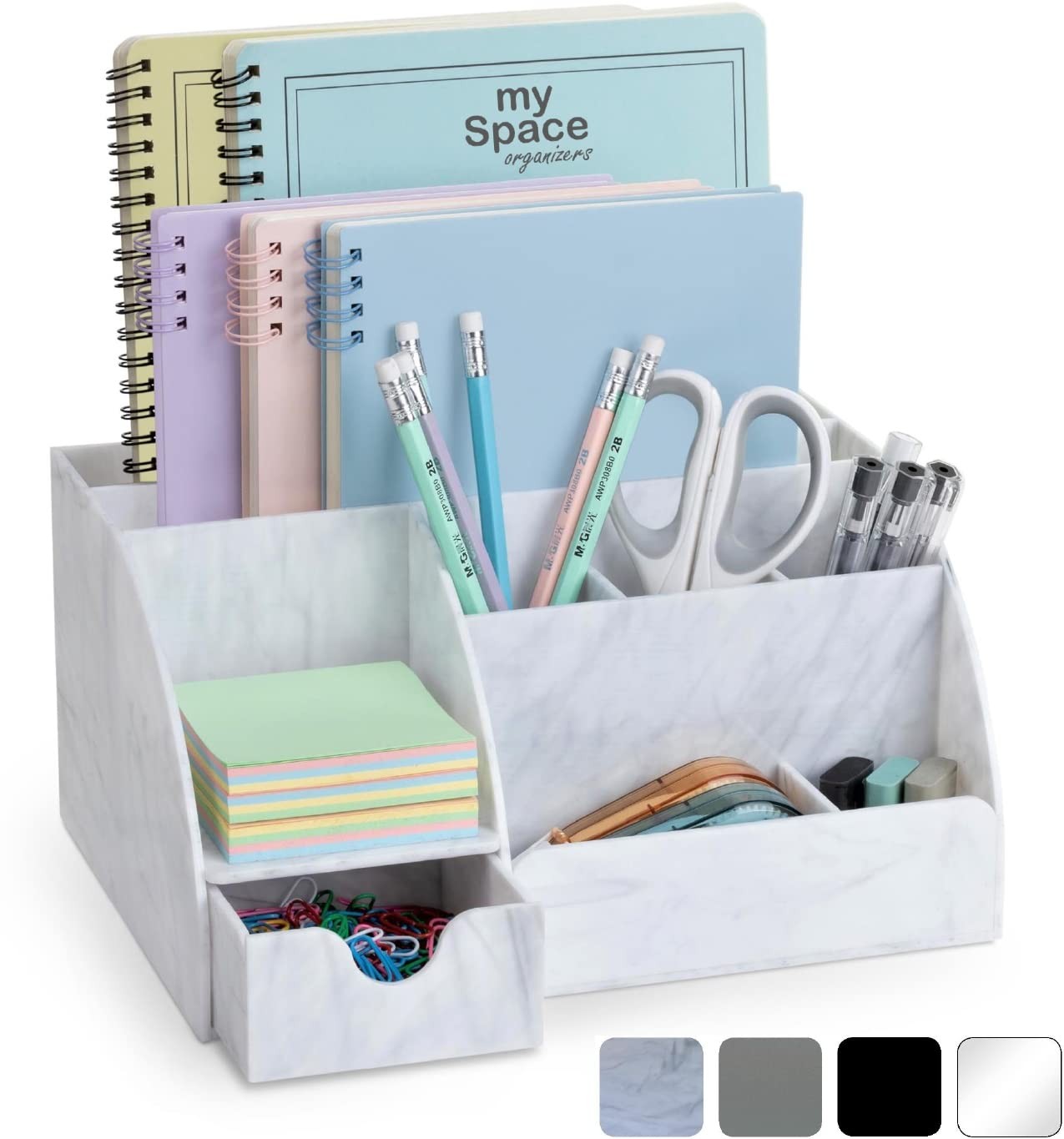 Marble Desk Organizer, 9~Section Pencil Pen Holder for Office Supplies, White