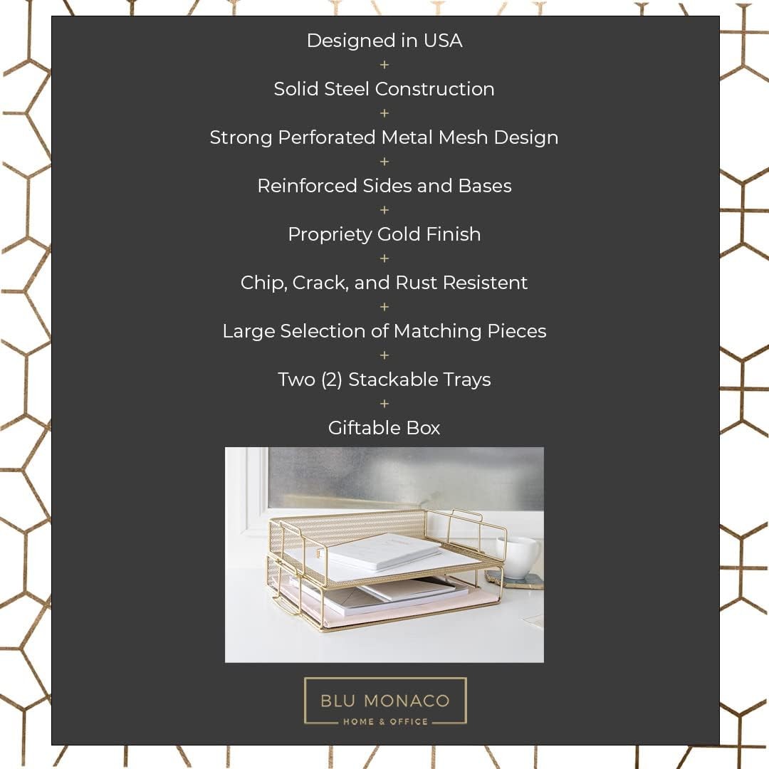 BLU MONACO | Paper Tray Stackable Gold Mesh Set of 2 | Stackable File Trays for