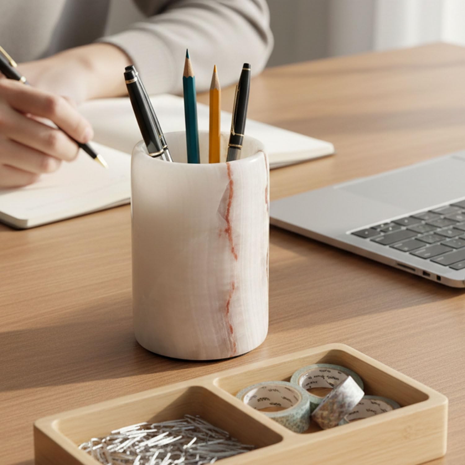 Marble Pen Holder For Desk 4″ Inches White Onyx Handmade Makeup Brush Cup for…