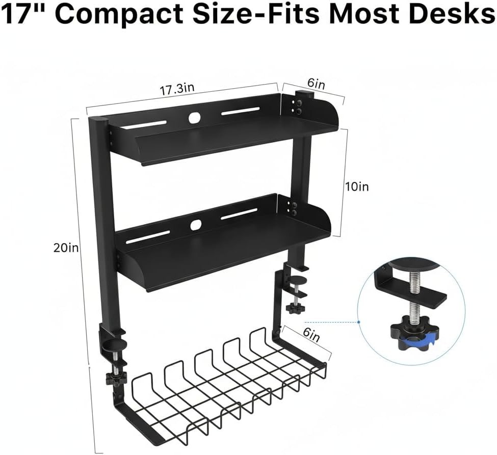 Clamp On Desk Shelf, 17” 2-Tier Desktop Organizer Shelf with Under-Desk Hidden
