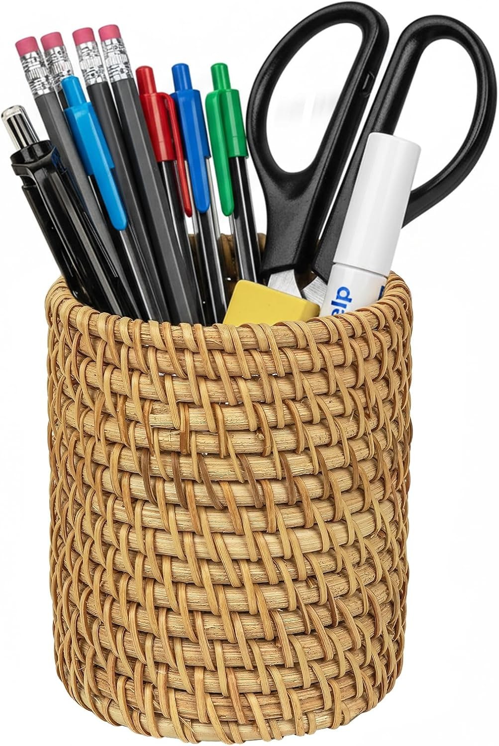 Wicker Rattan Pencil Holder Cylindrical Desk Organizer Cup Natural Brown Office
