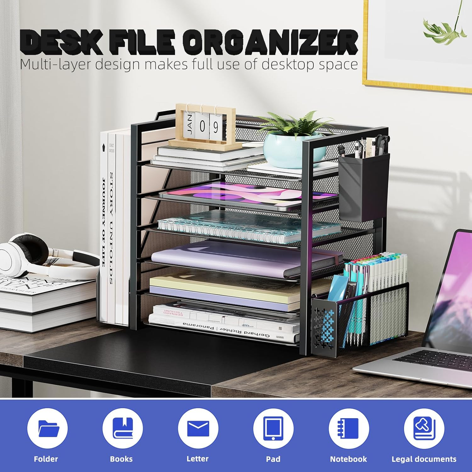 6 Tier Desk File Organizer Paper Letter Tray with Holder and Pen Container Black