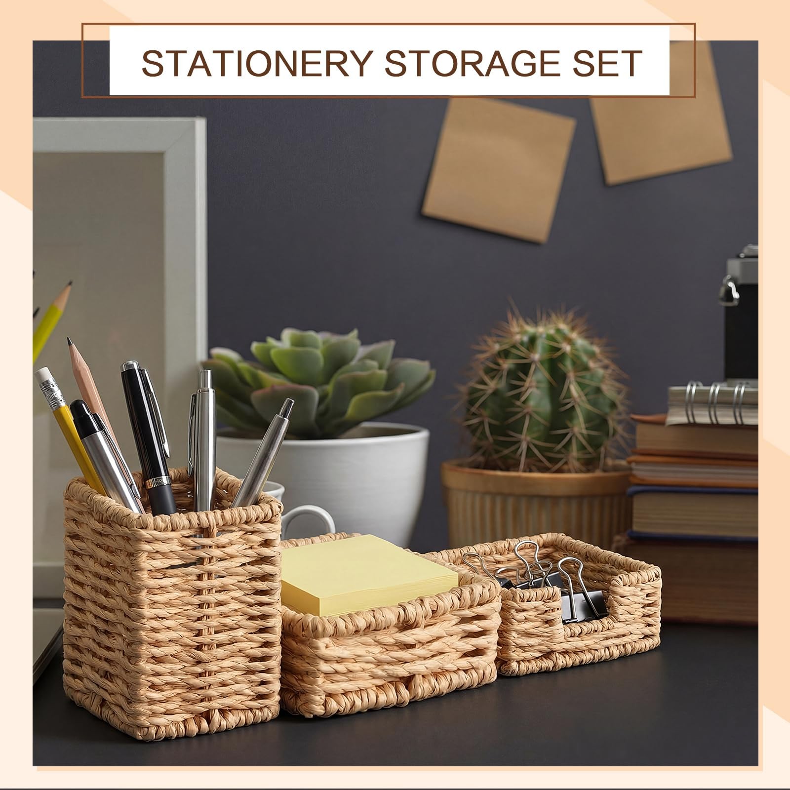 Khaki Paper Rope Woven Desk Organizer Set of 3 Natural Desktop Accessories Pe…