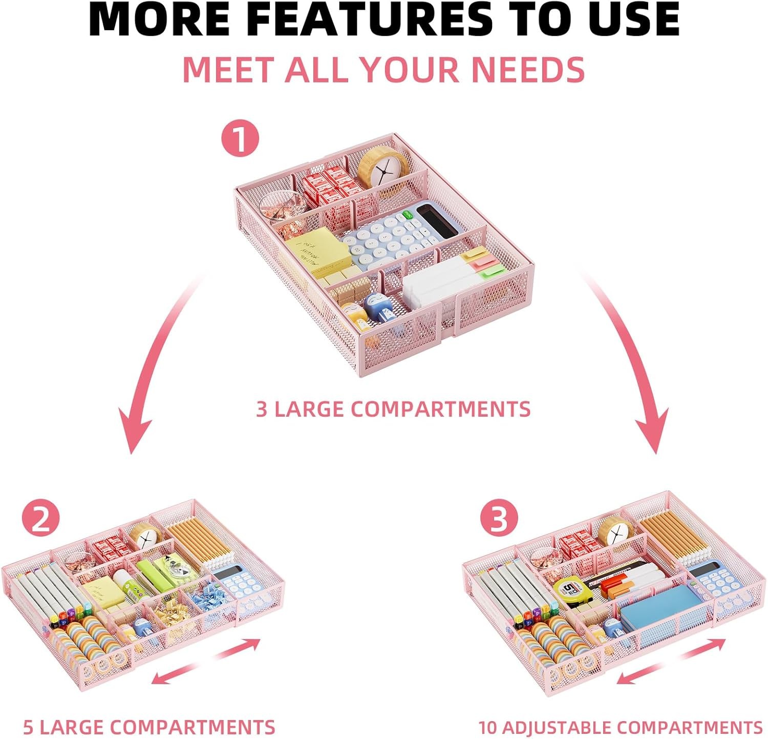 Expandable Desk Drawer Organizer,Mesh Tray w/ 10 Adjustable Compartment Organize