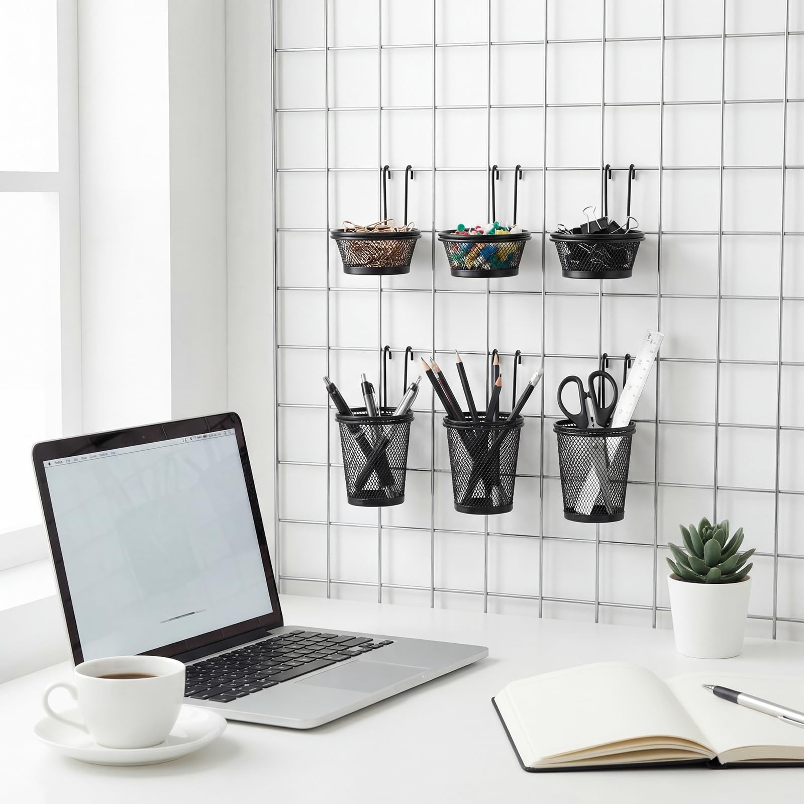 6 Pcs Grid Wall Cups with Ring Hooks Hanging Pencil Holder Wall Mount Wire Gr…