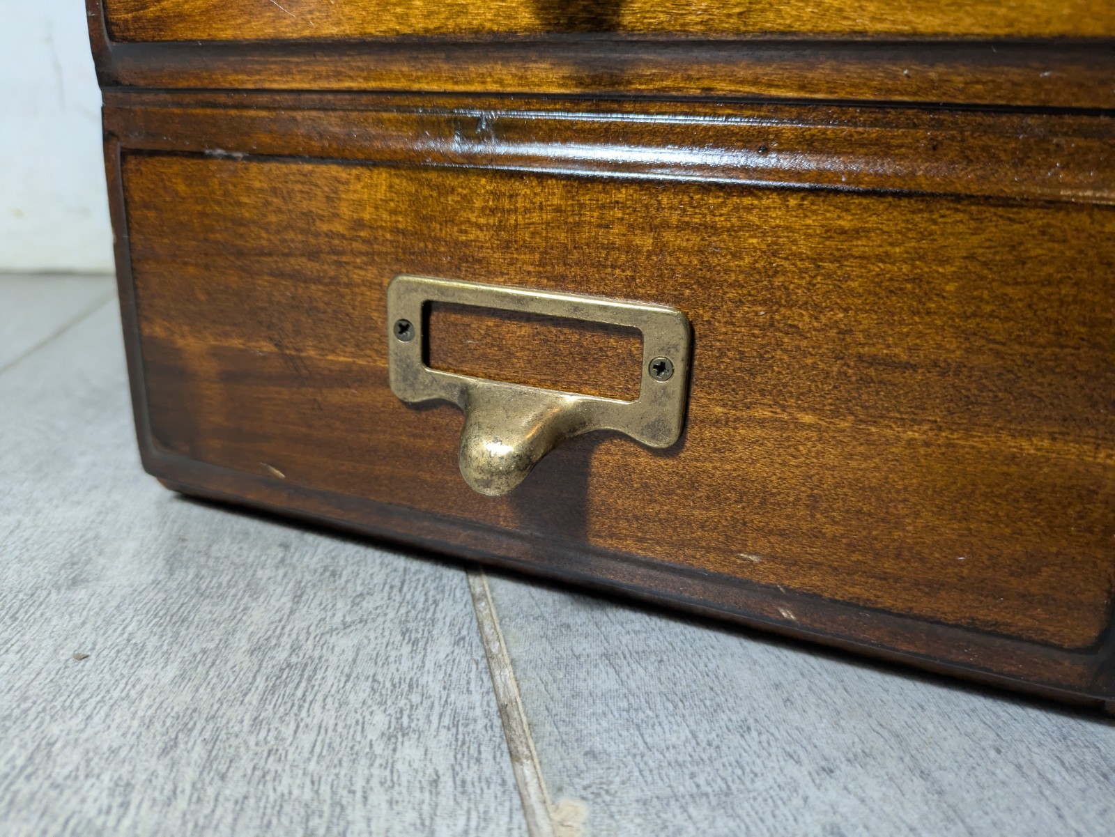 Vintage Wood Desktop Library Organizer Index Card Letter File Box Cabinet Drawer