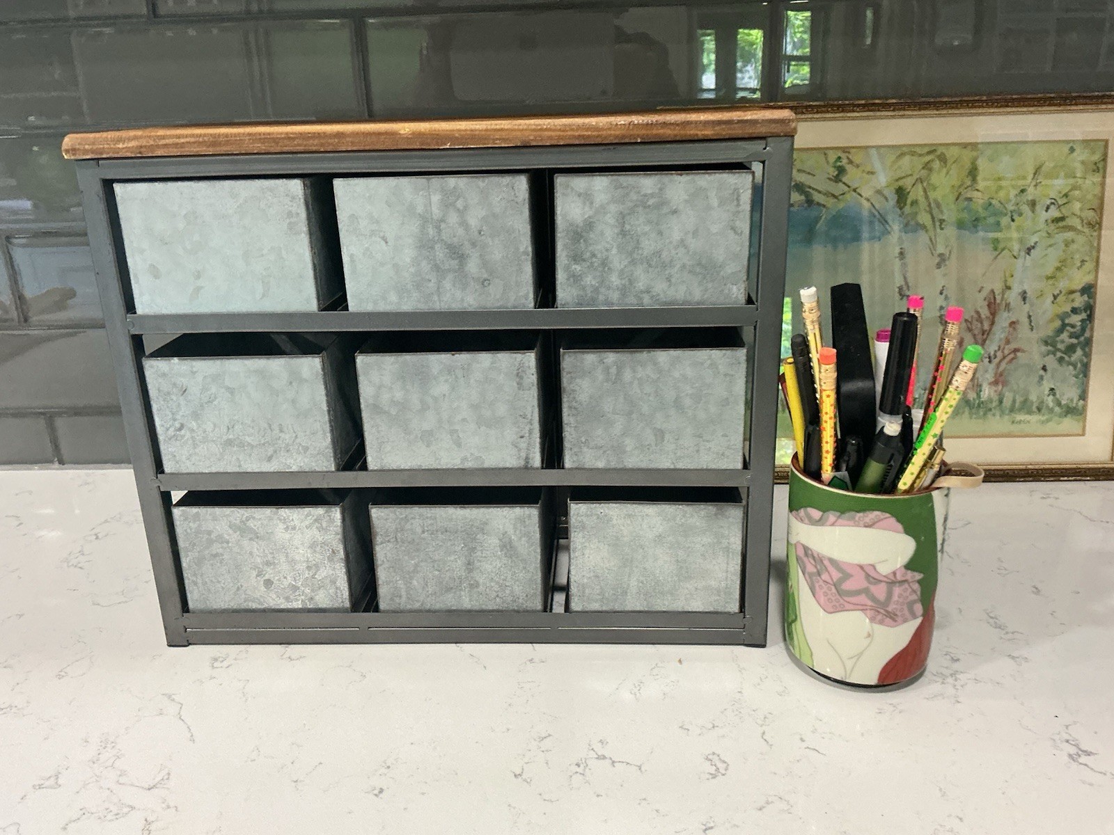 Cheung’s Desktop Galvanized 9 Drawer Vertical Organizer w/ Label Scoop Wood Top