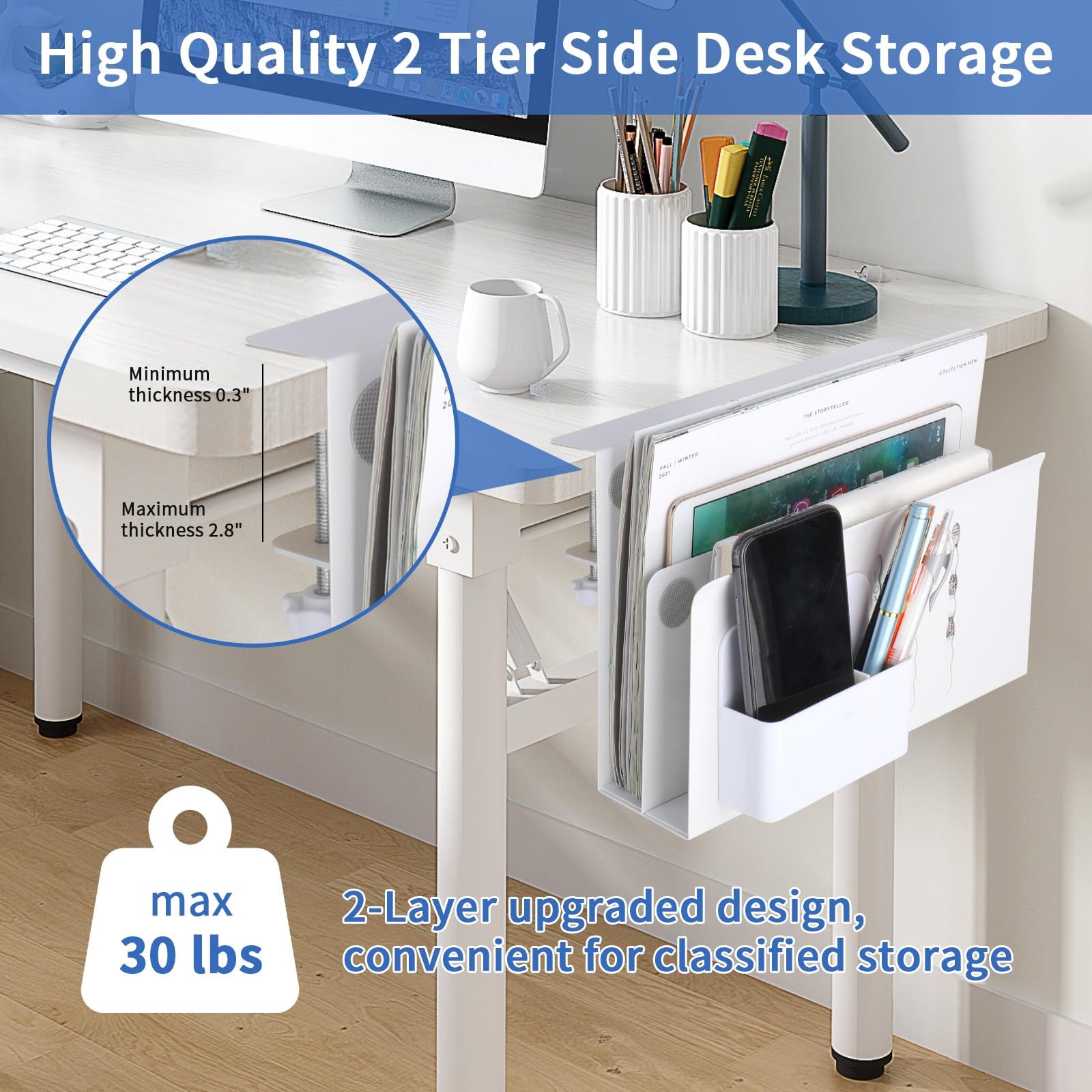 LUKETURE Desk Side Storage, 2 Tier Steel L(2 Tier), White