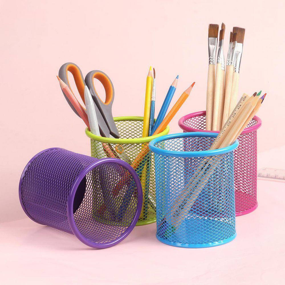 3.5 X 3.5 X 3.9 Inches Mesh Metal Pen Holder Cup for Desk Office, Purple, Holds