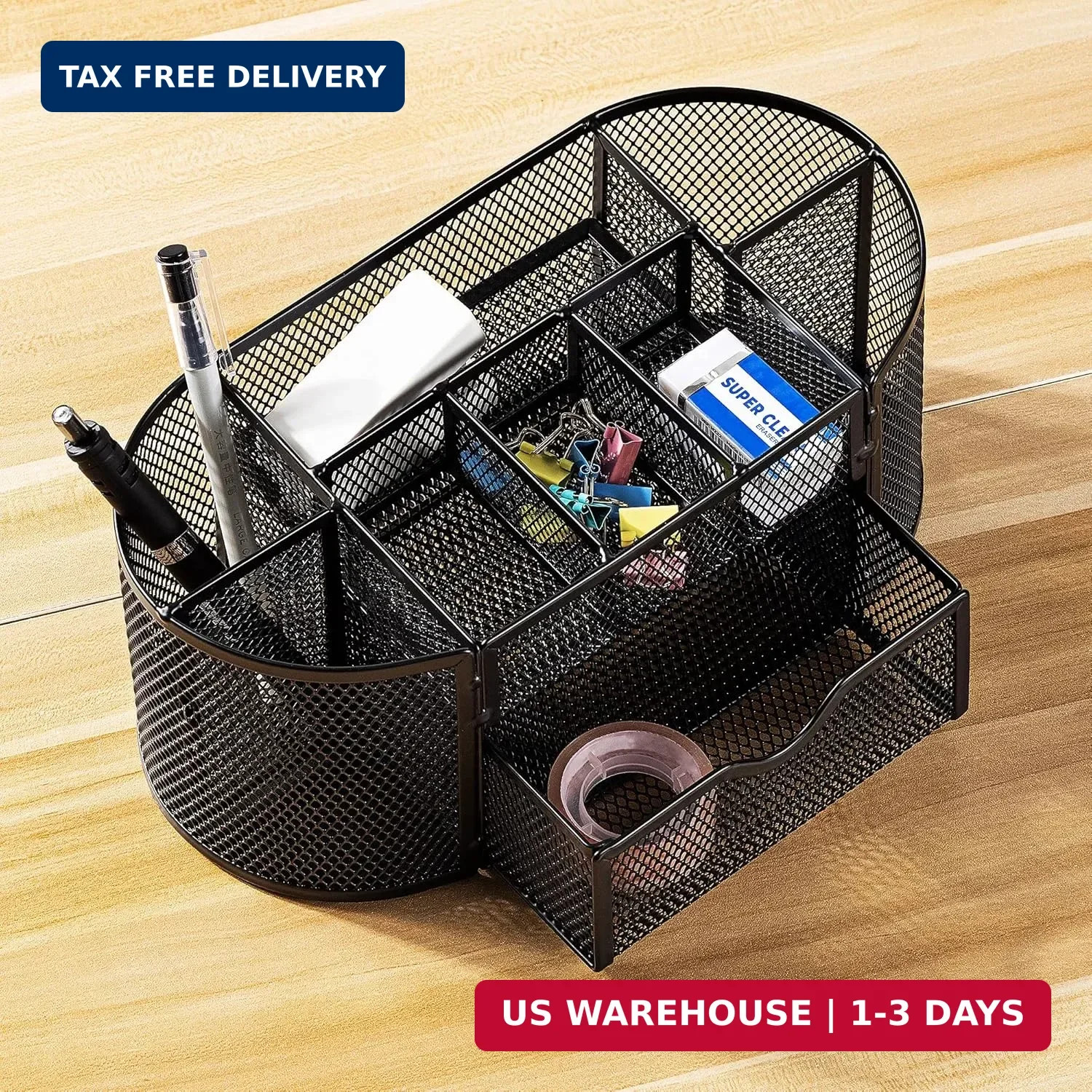 Amazon Basics Mesh Desk Organizer with Pen Holder, Pullout Drawer and Office Cad
