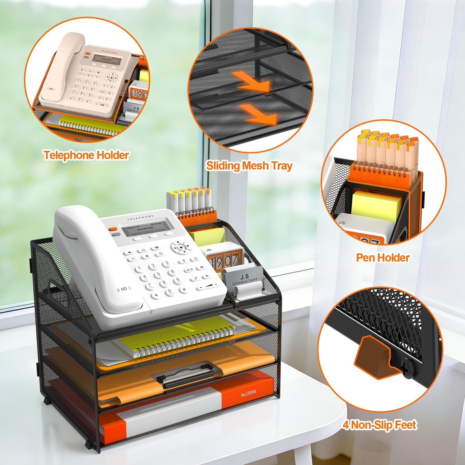 4 Tier Metal Mesh Letter Tray Desk File Organizer Handle Pen Holder Black