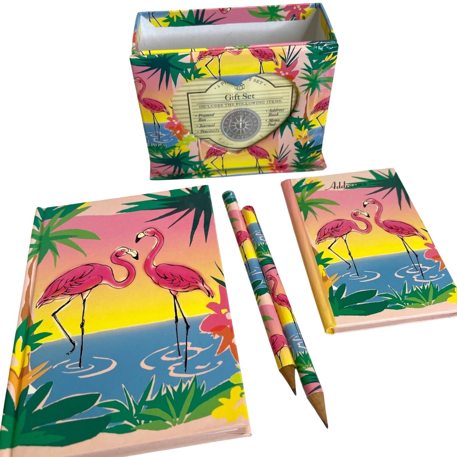 Vintage Flamingo Stationery Desk Gift 7 Pc Set Office Storage Box Journal Pencil