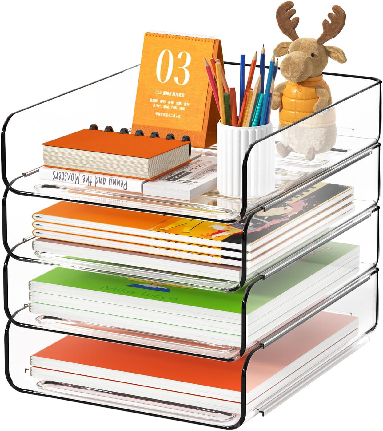 4-Tier Clear Acrylic Stackable Desk File Tray Organizer 12.6×9.6×11 Office