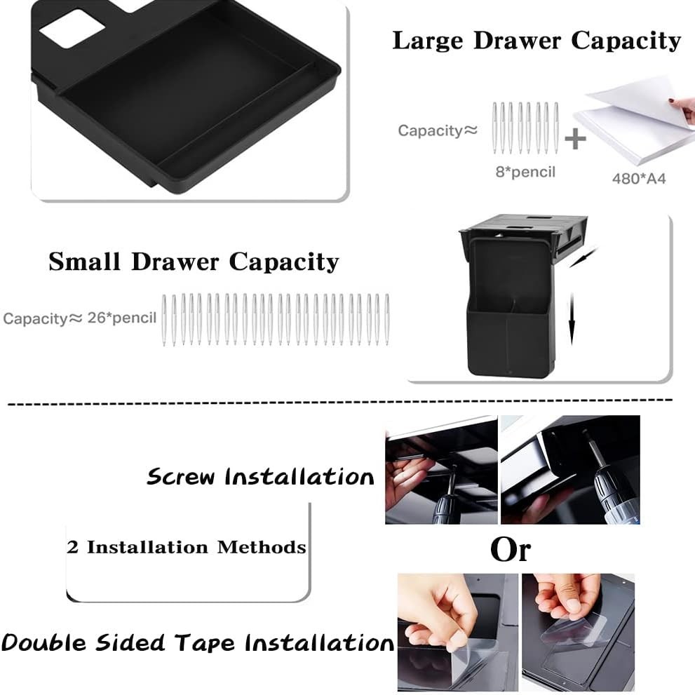 Black Under Desk Organizer – Large & Small Drawers, Adhesive/Screw Installation