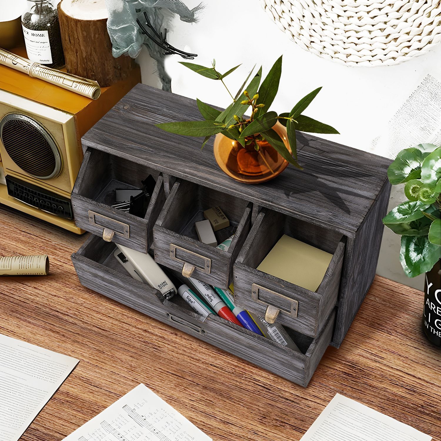 4 Drawer Wooden Desk Organizers – Vintage Rustic Apothecary Wood Desktop Storage
