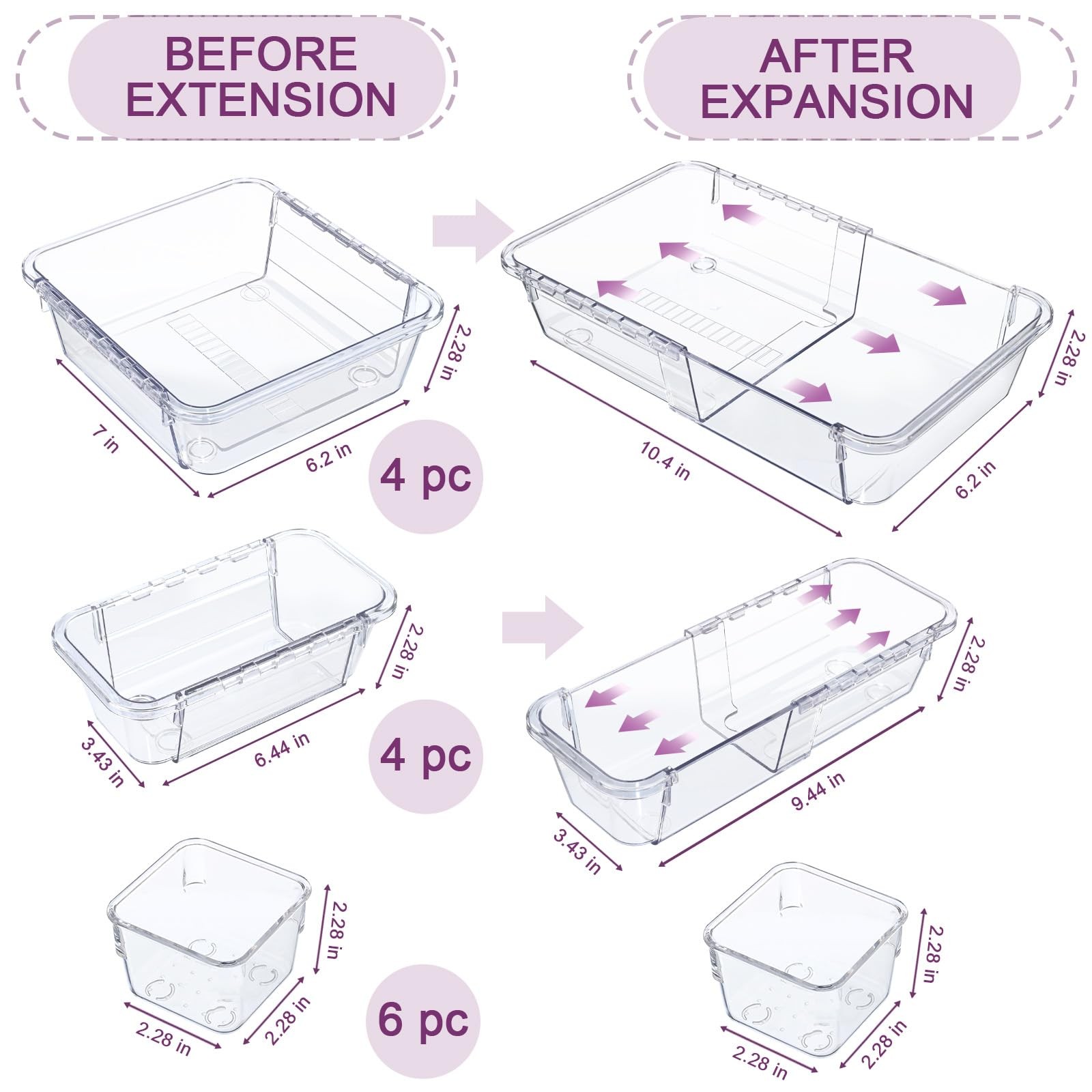 14 Pcs Clear Drawer Organizer, Adjustable Drawer Storage Box, 3-Size Desk Dra…