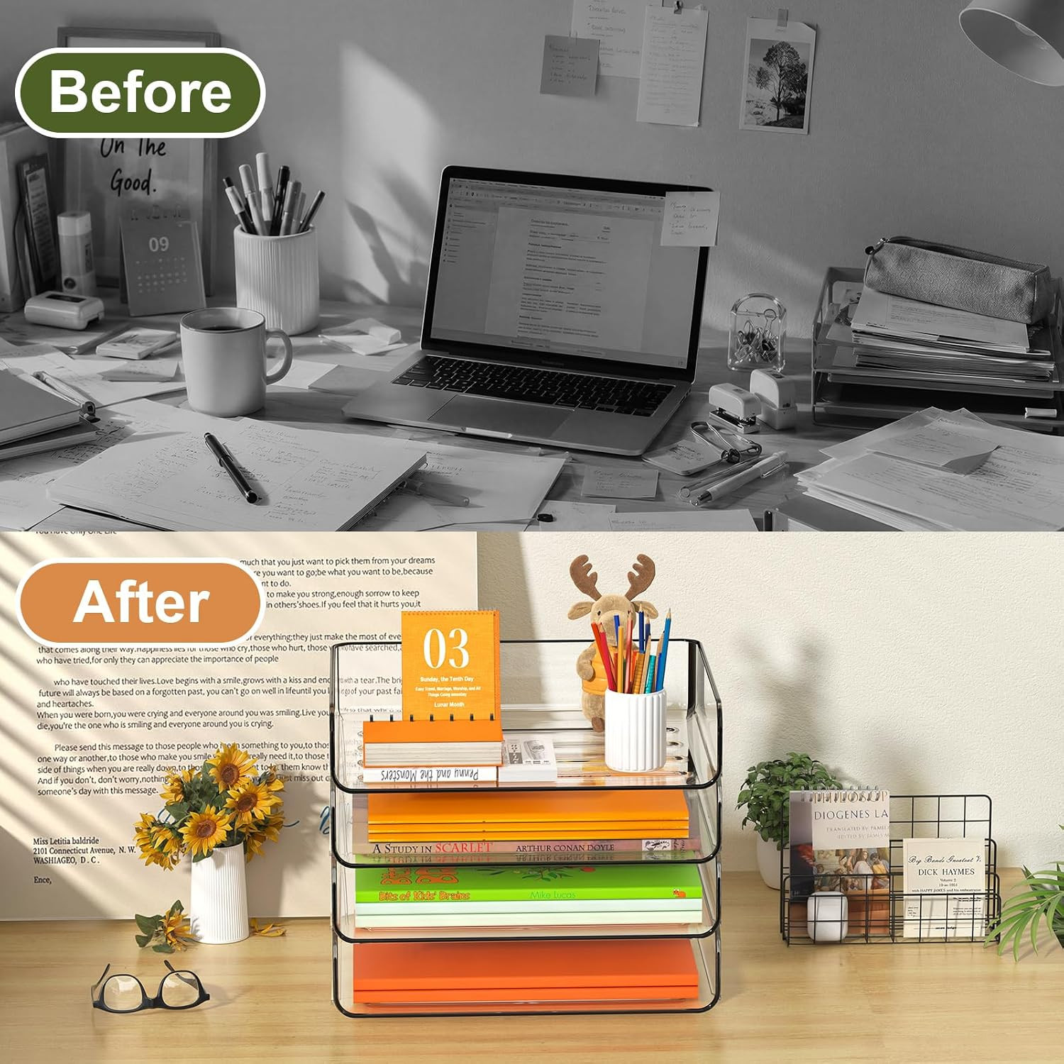 FANXIYQ 4-Tier Acrylic Paper Tray Organizer – Low-Profile Desk File Sorter for O