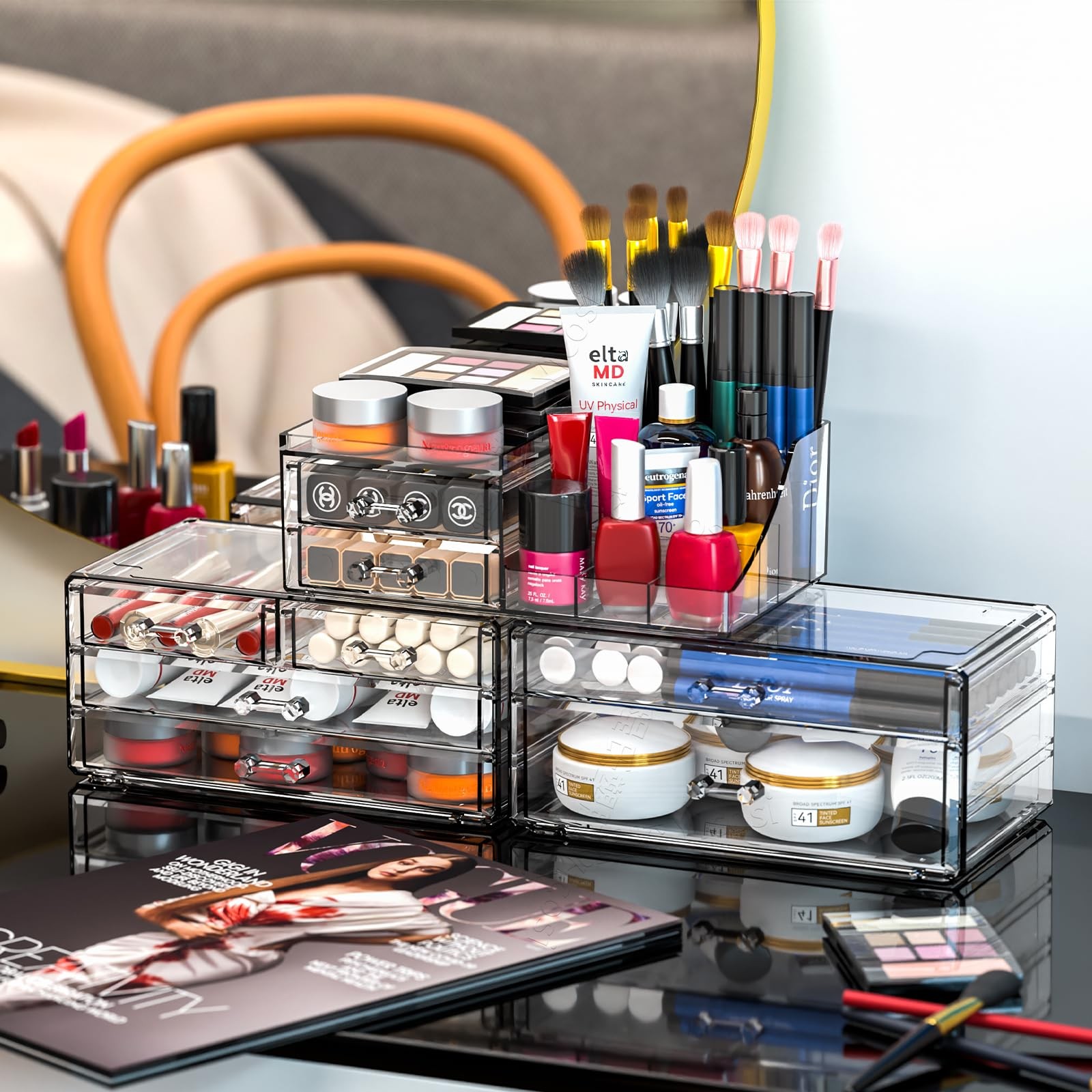 Acrylic Clear Make up Organizers And Storage for 8 Drawers-Set of 3, clear