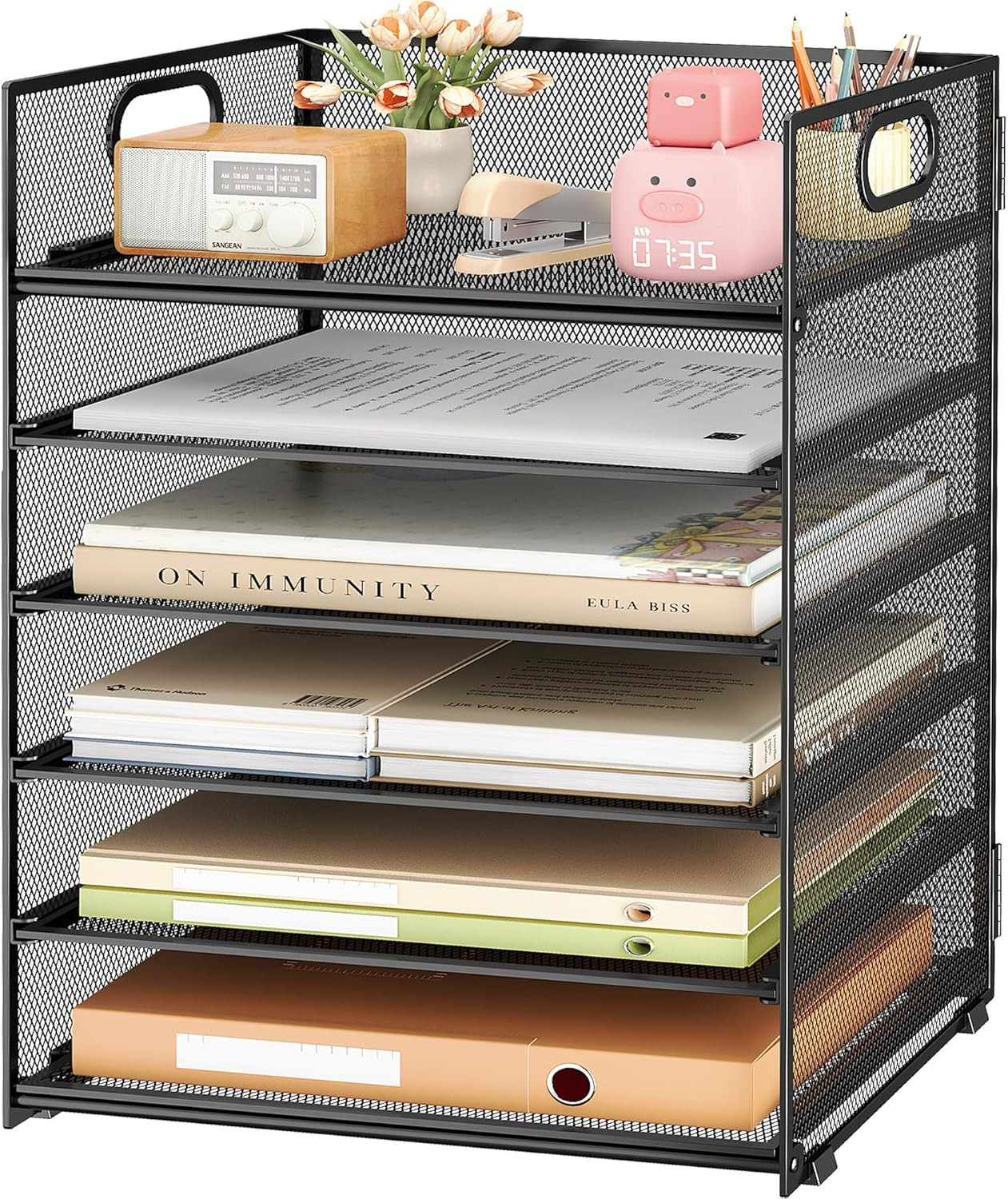6 Tier Paper File Tray Organizer for Desk, Black Mesh Desk Letter Paper File Fol