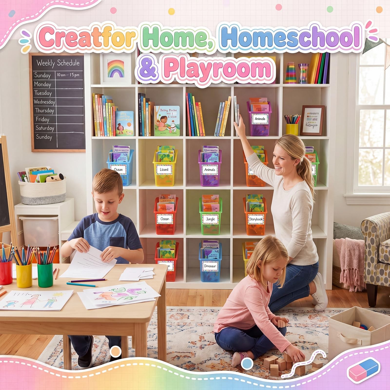 24 Set Book Bins for Classroom with Label Sticker Book Box Baskets Plastic St…