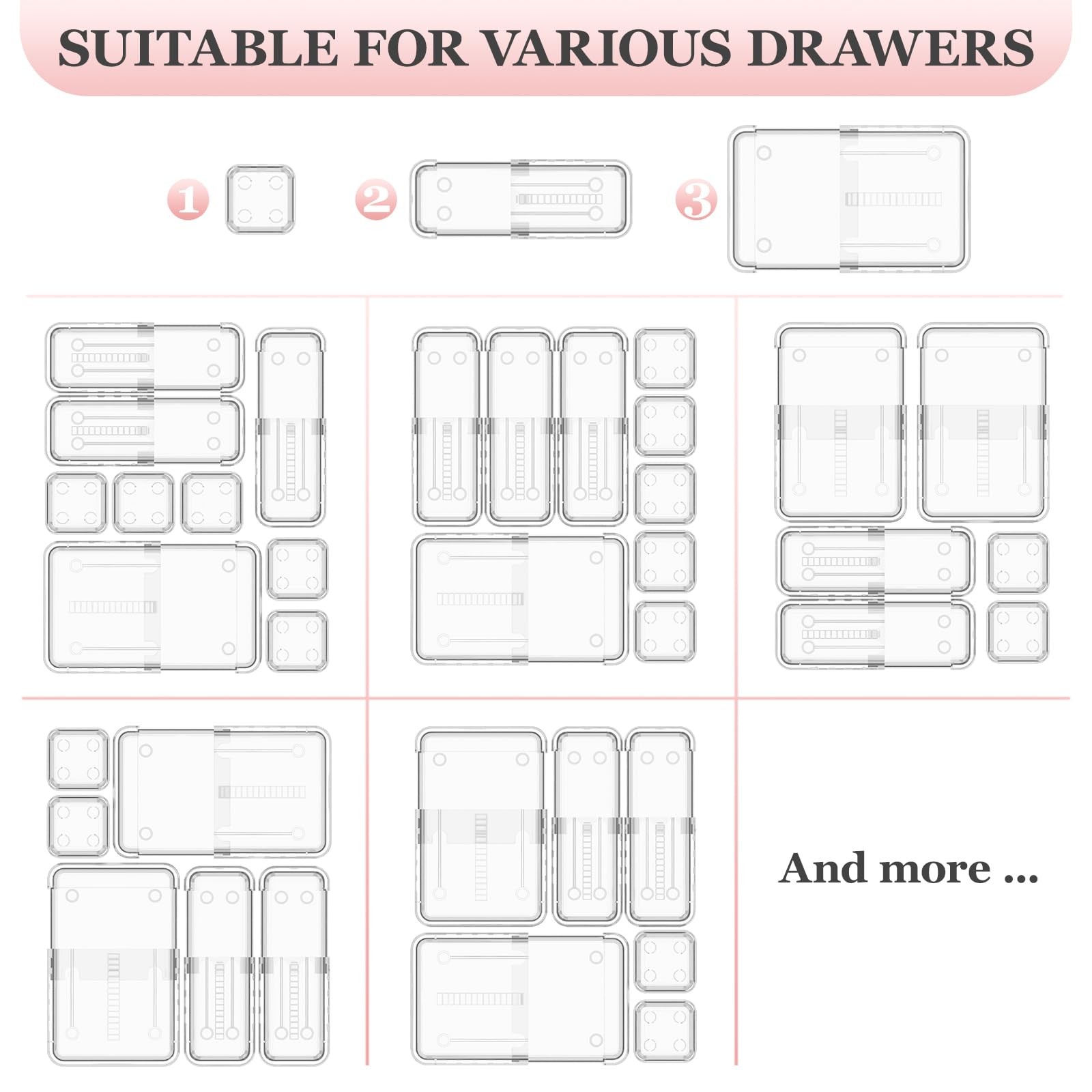 16 Pcs Clear Extendable Drawer Organizer, Adjustable Drawer Storage 3-Size De…