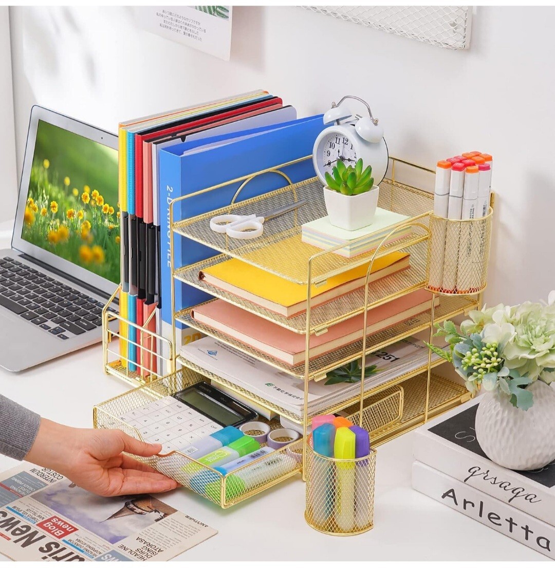 Marbrasse Rose Gold Desk Organizer with File Holder, 5-Tier Paper Letter Tray…