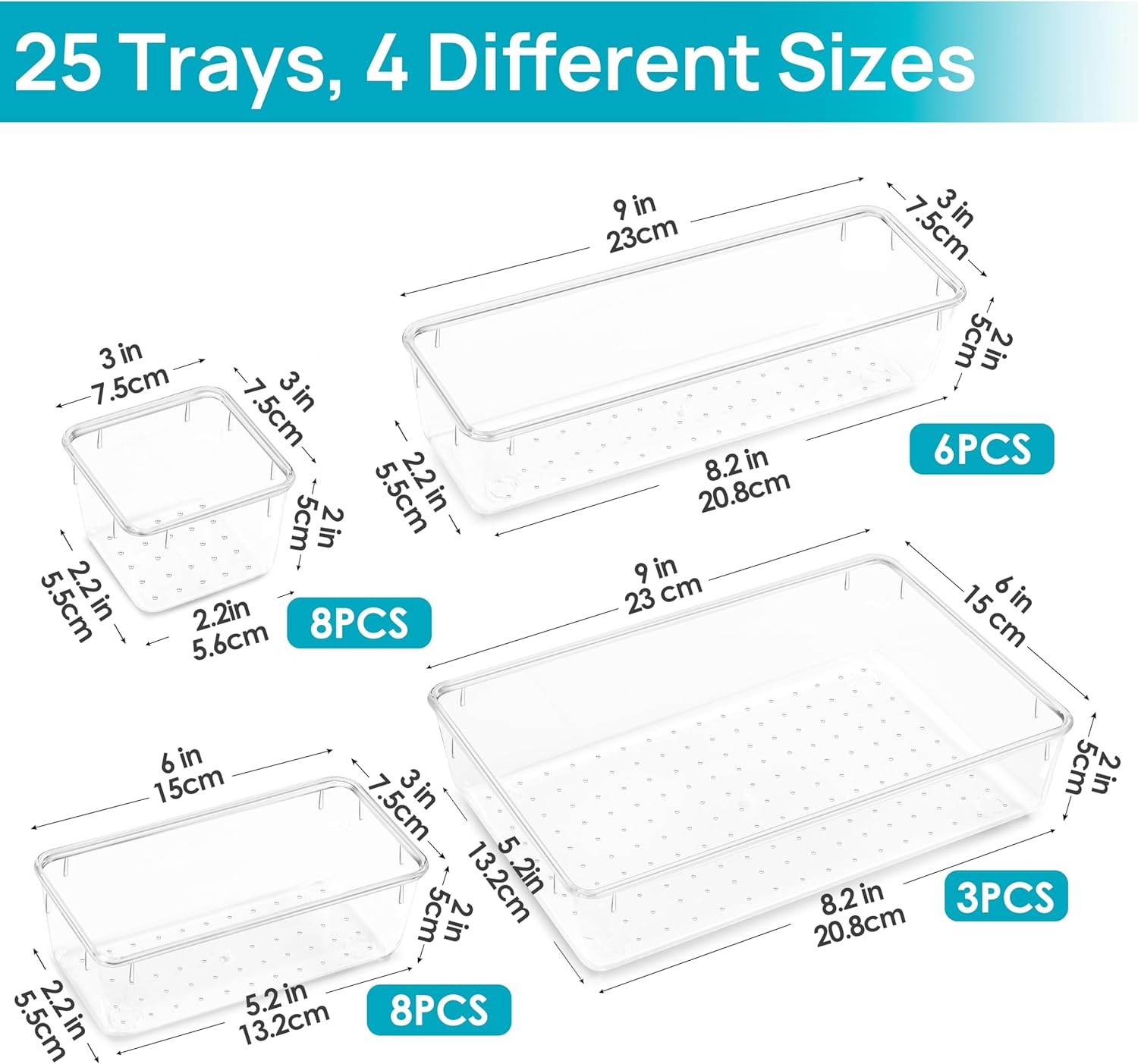Vtopmart 25 PCS Clear Plastic Drawer Organizers Set, 4-Size Versatile Bathroom a