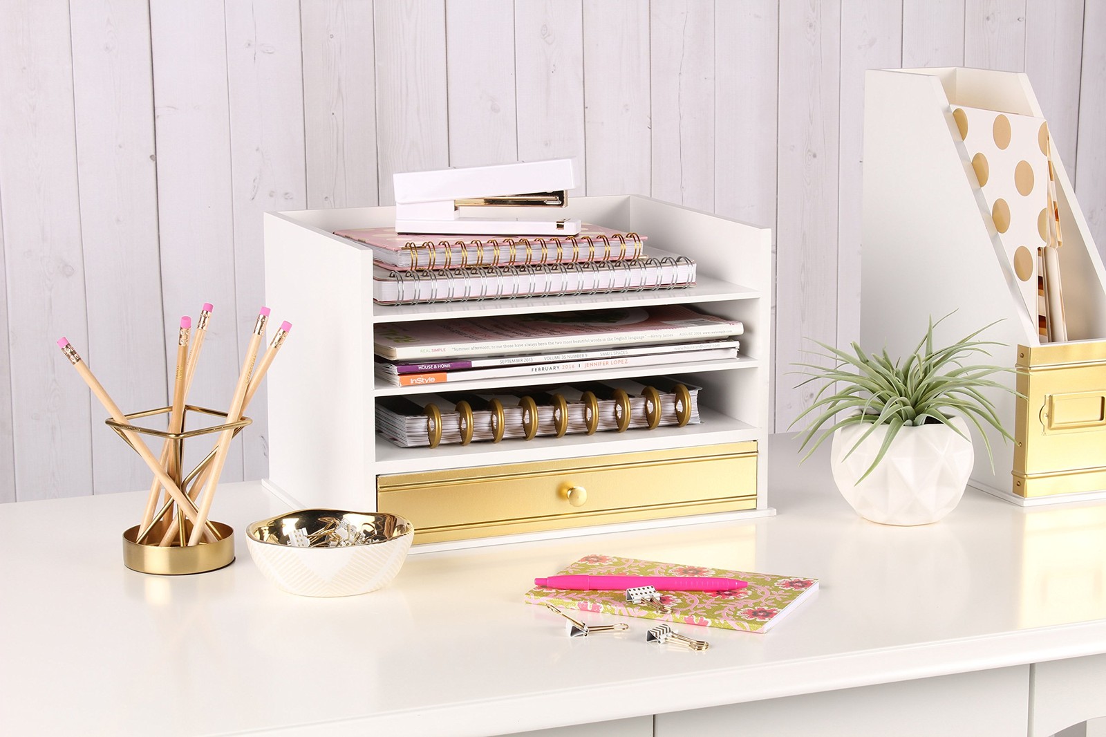 Industrious Desktop Wood Letter Tray with 3 Trays and Drawer, White and Gold