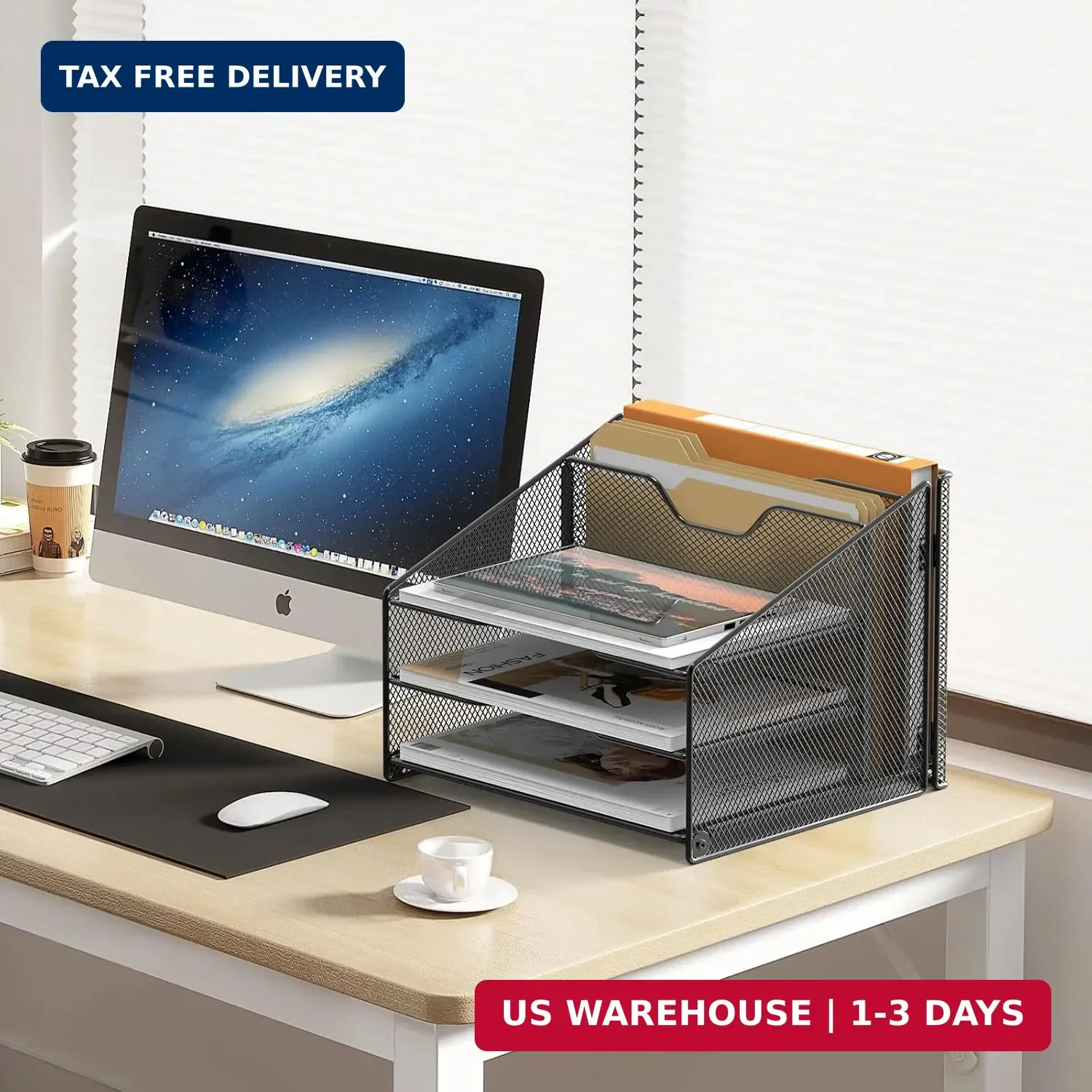 Samstar Desk File Organizer, Mesh Letter File Folder Holder with 3 Paper Trays a