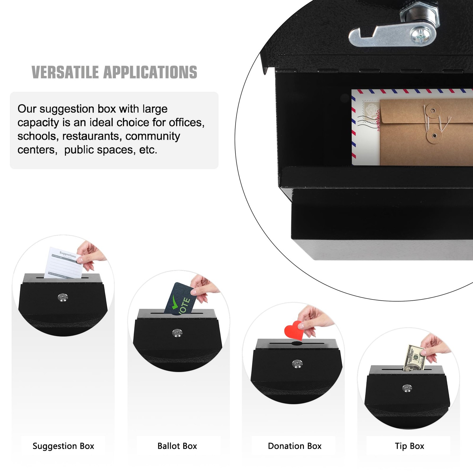 Suggestion Box with Slot and Lock Metal Wall Mounted Black