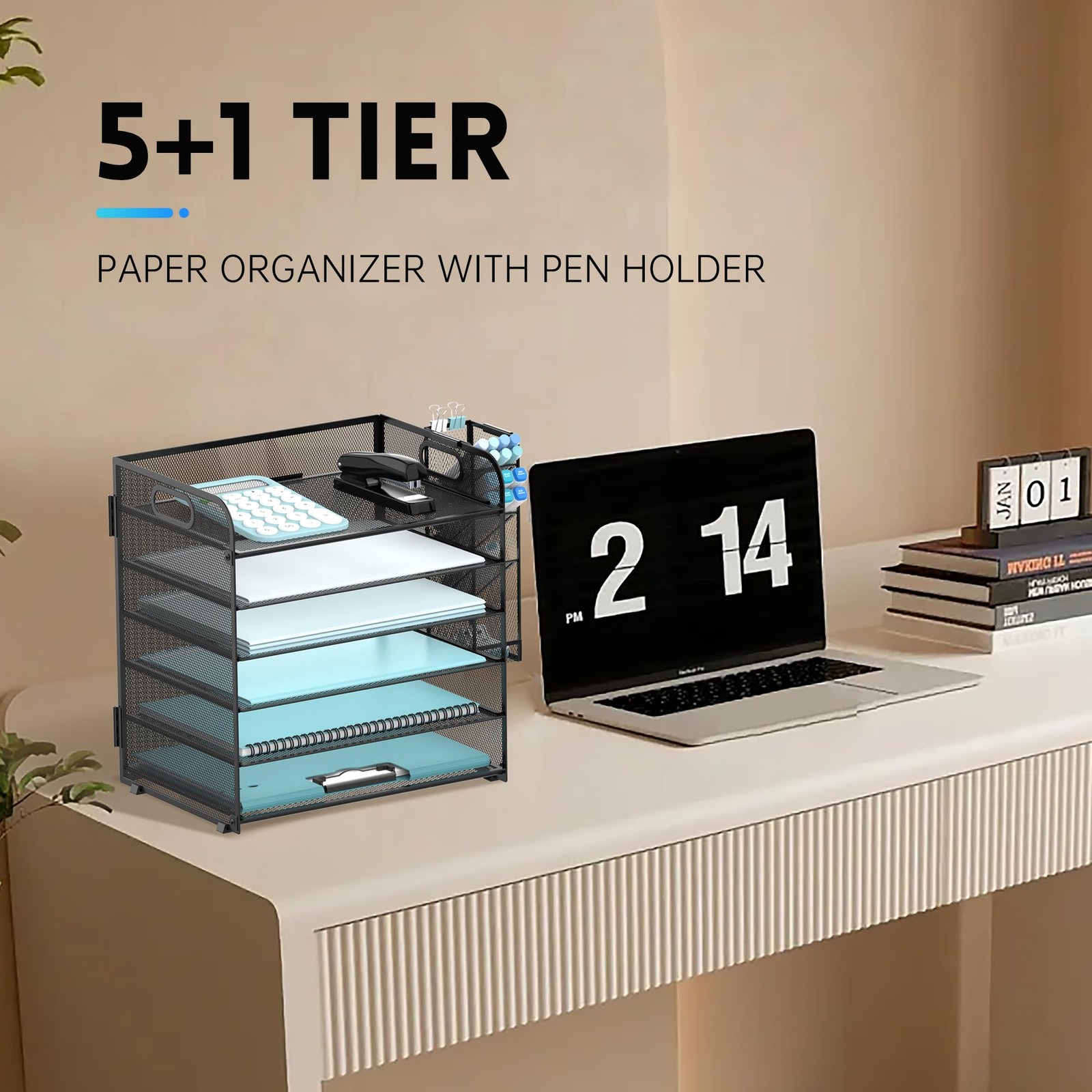 SUPEASY 6 Tier Desk Organizer with 4 Pen Holders, 12.8″ x 9.3″ x 13.2″, Black