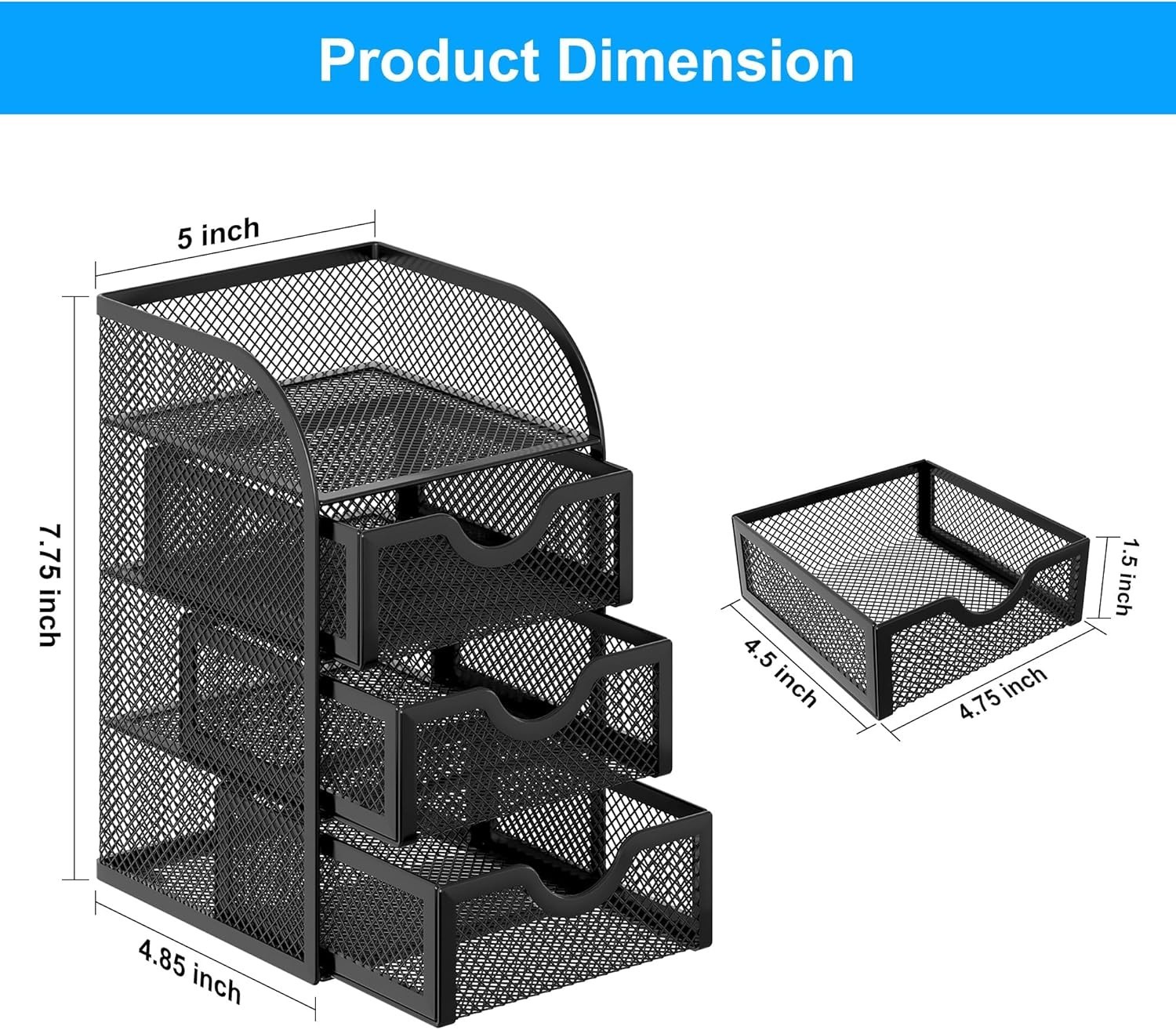 Durable Rust-Resistant Metal Desk Organizer with 3 Drawers & Visible Storage