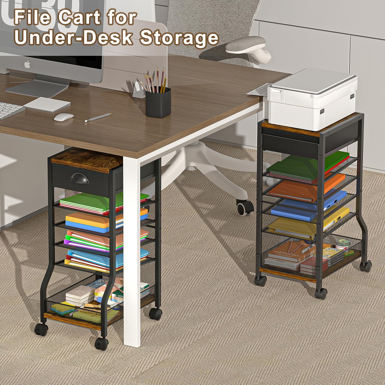 6-Tier Rolling File Cart with Drawer, Under Desk Storage with Letter Sliding …