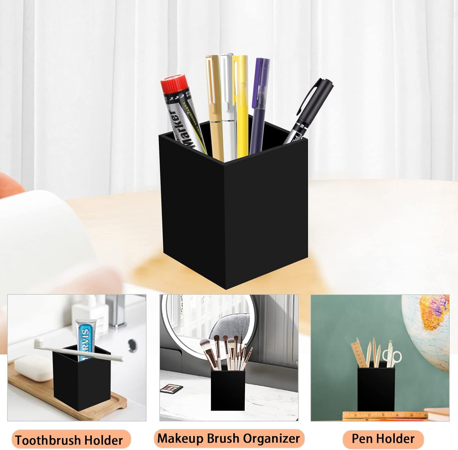 Acrylic Pen Holder Organizer, Black Pencil Holder for Desk, 2 Pack | Pen Holder