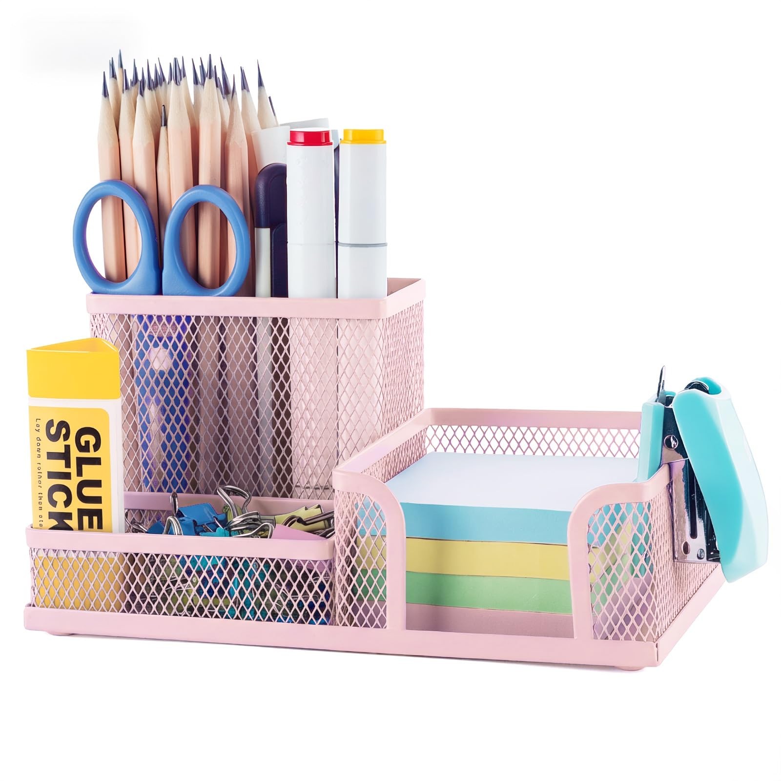 Pink Mesh Desk Organizer Pen Holder with 3 Compartments Sticky Note Tray
